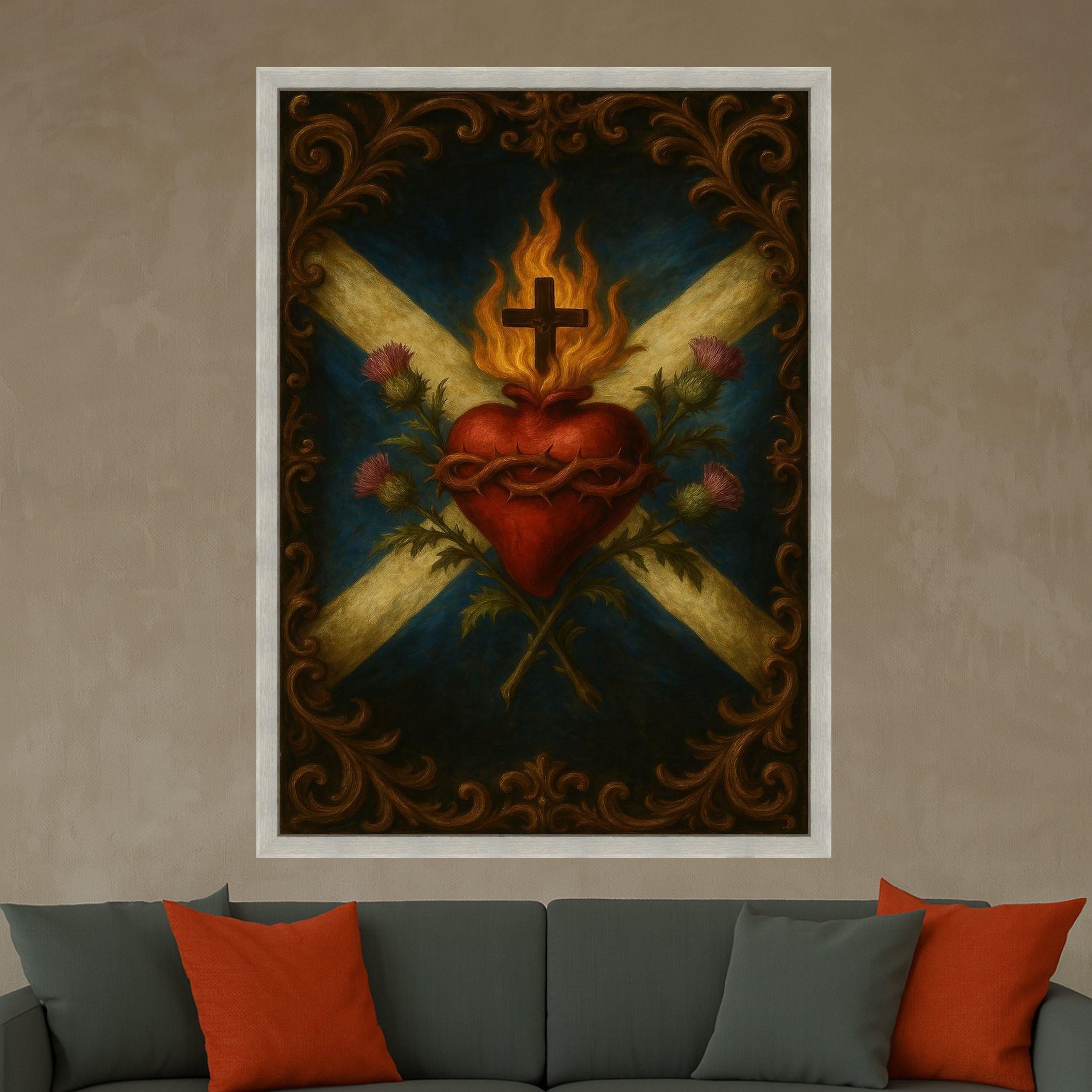 Sacred Heart with Flaming Cross Canvas, Religious Wall Art, Christian Symbolism Canvas, Spiritual Home Decor, Inspirational Ready To Hang,