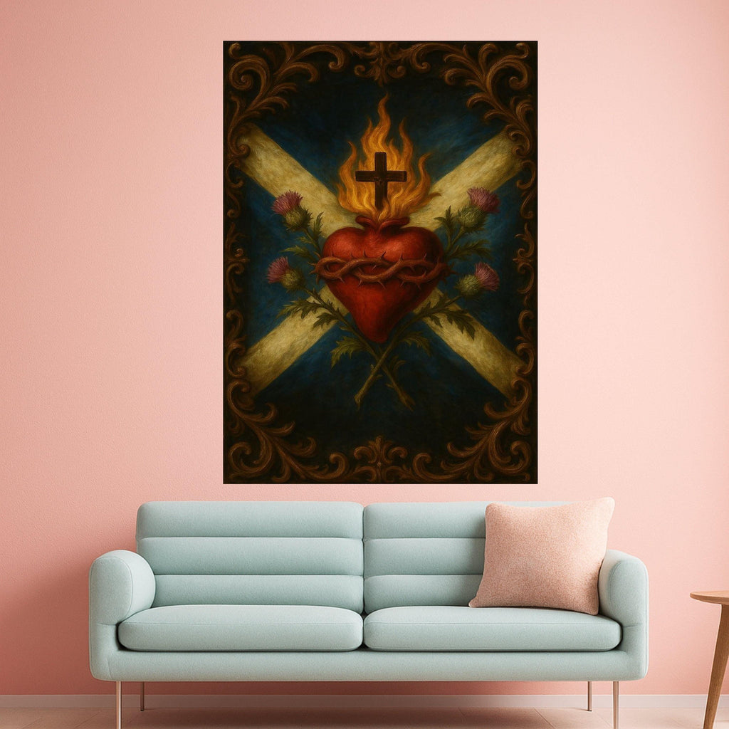 Sacred Heart with Flaming Cross Canvas, Religious Wall Art, Christian Symbolism Canvas, Spiritual Home Decor, Inspirational Ready To Hang,