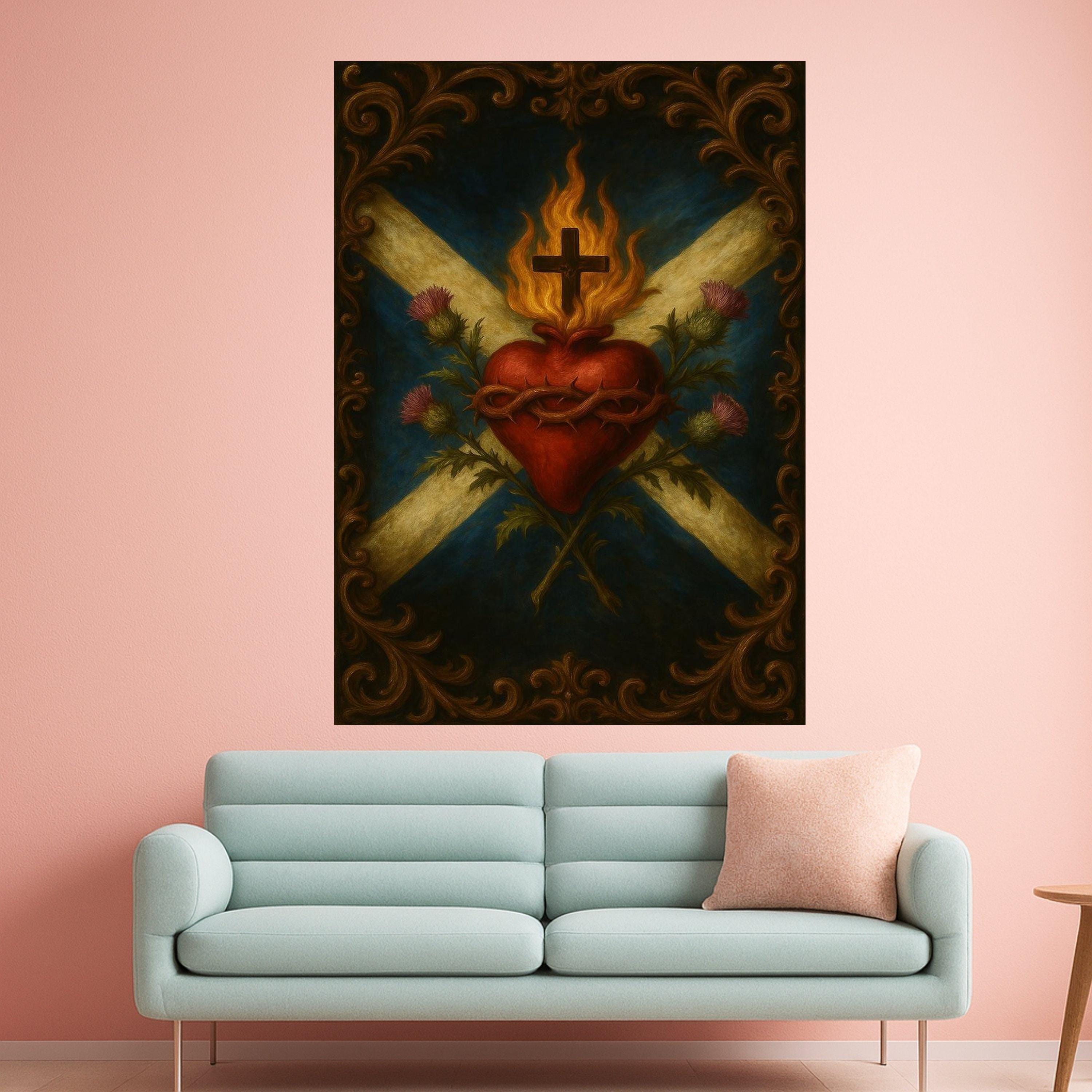 Sacred Heart with Flaming Cross Canvas, Religious Wall Art, Christian Symbolism Canvas, Spiritual Home Decor, Inspirational Ready To Hang,