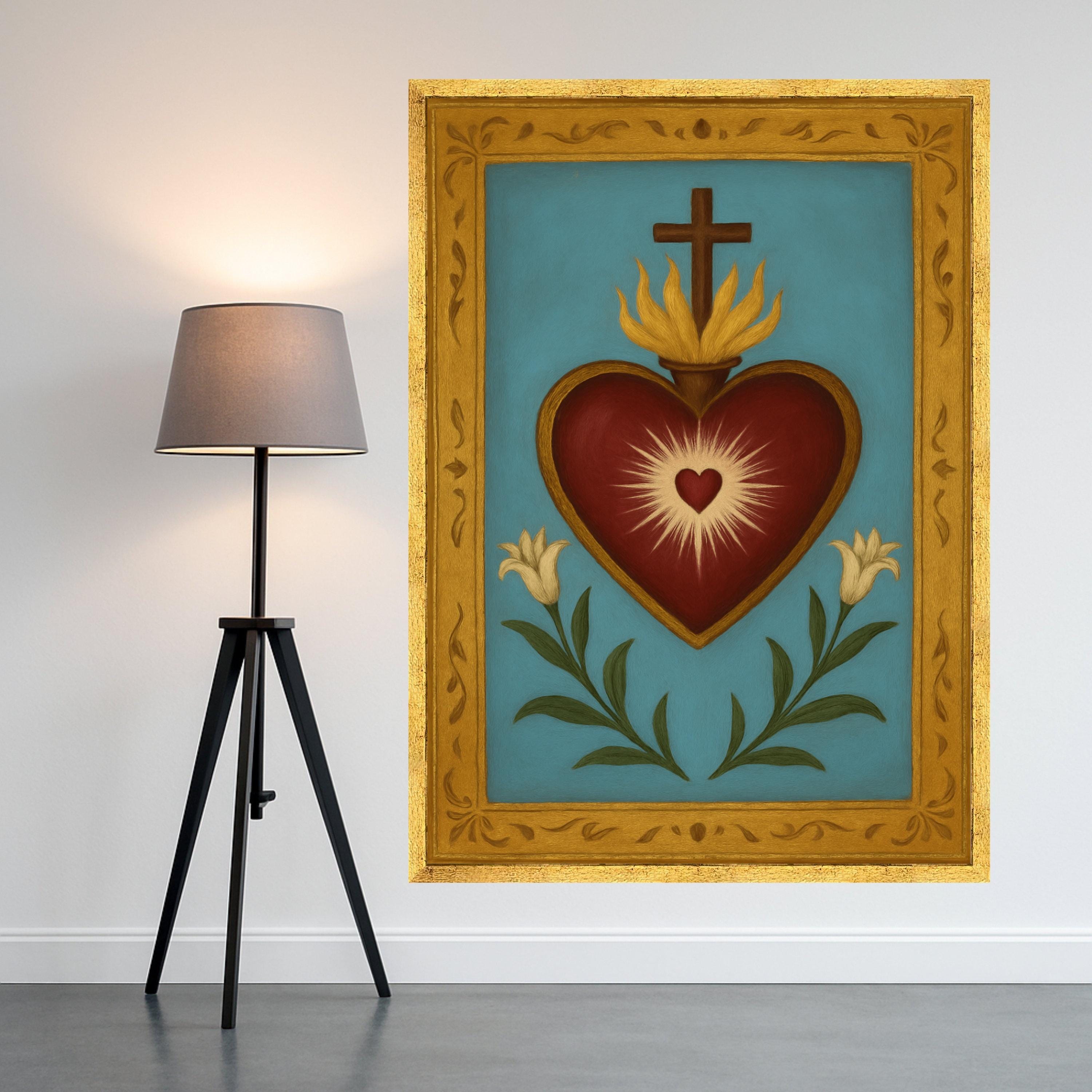 Sacred Heart Canvas Wall Art, Religious Heart with Cross and Lilies, Spiritual Home Decoration, Catholic Symbol Canvas, Ready To Hang,