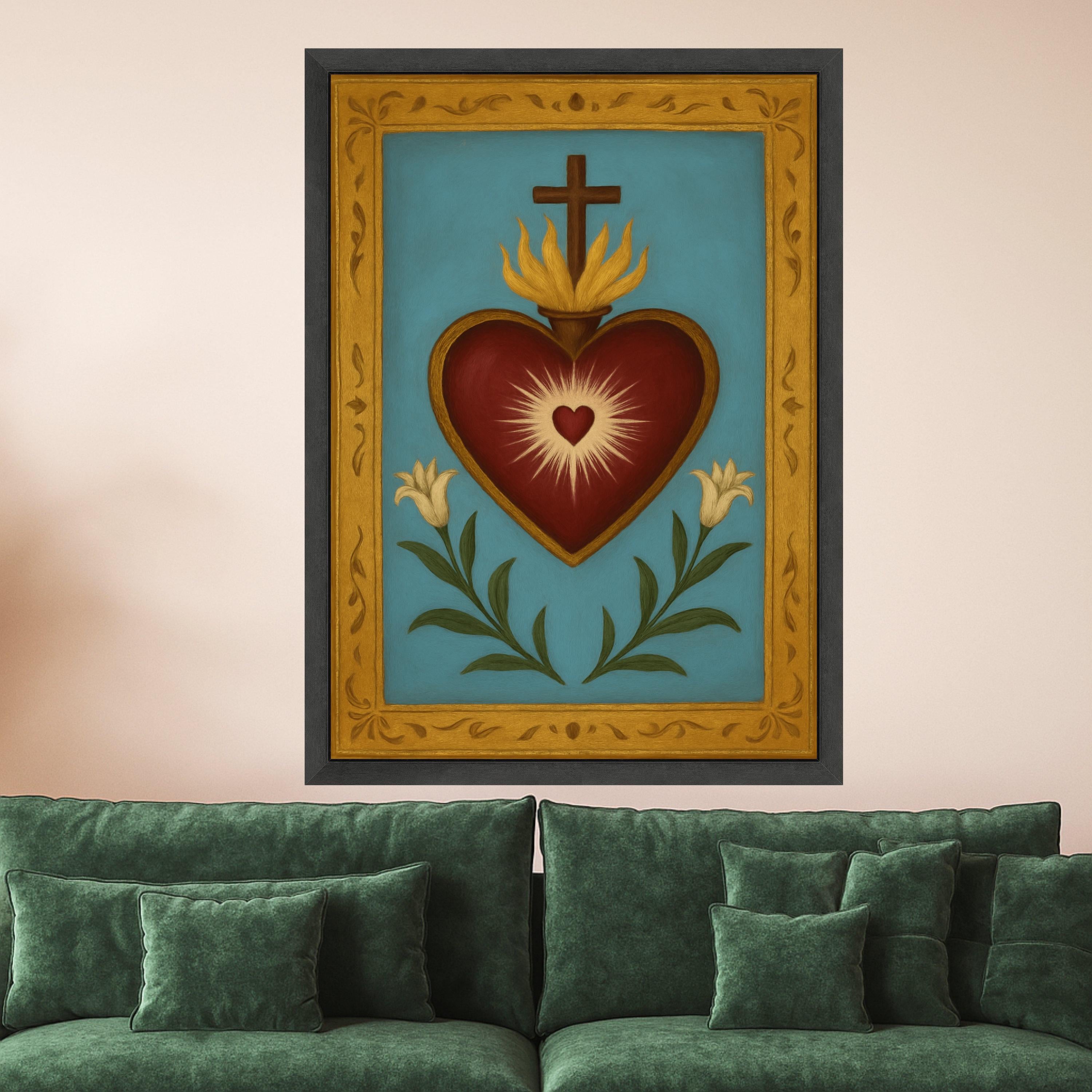 Sacred Heart Canvas Wall Art, Religious Heart with Cross and Lilies, Spiritual Home Decoration, Catholic Symbol Canvas, Ready To Hang,