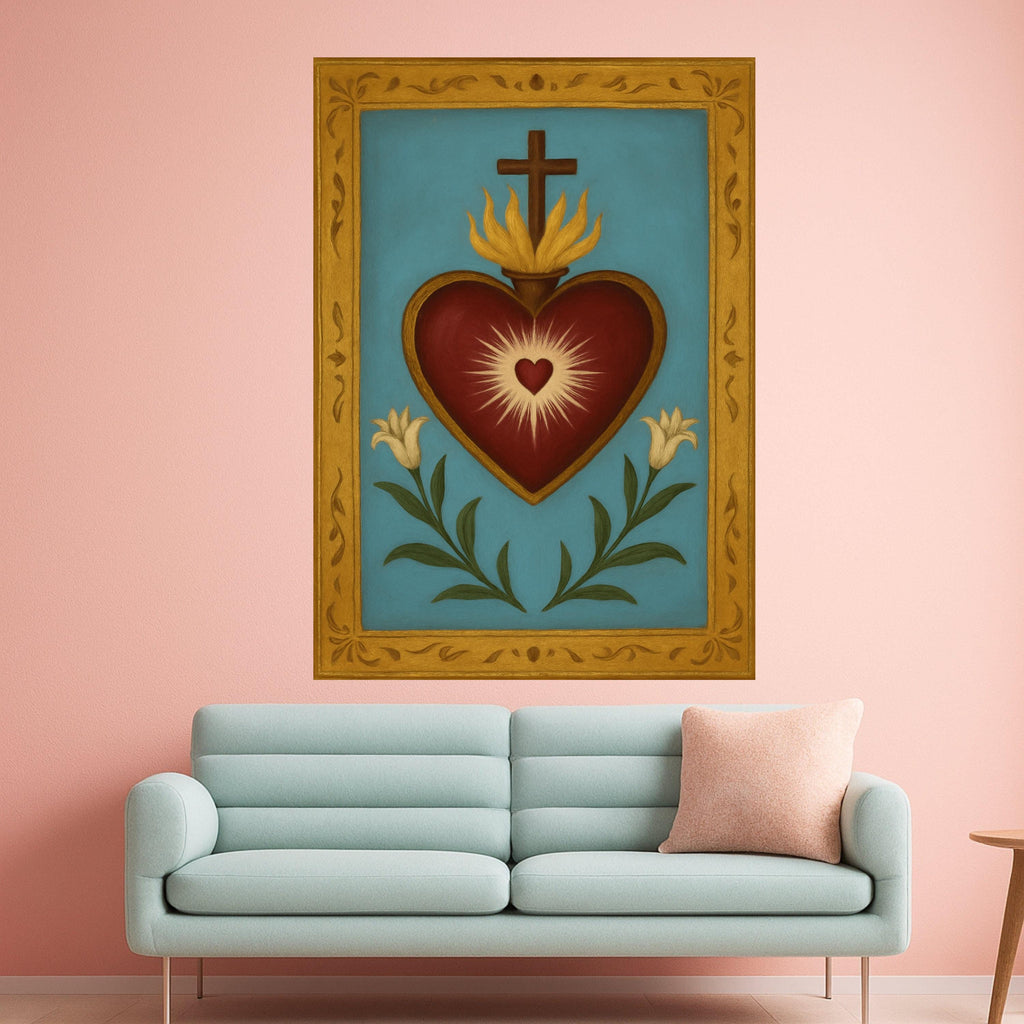 Sacred Heart Canvas Wall Art, Religious Heart with Cross and Lilies, Spiritual Home Decoration, Catholic Symbol Canvas, Ready To Hang,