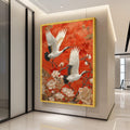 Elegant Cranes in Flight Canvas, Asian Floral Wall Art, Red Background Nature Scene, Bird and Blossom Canvas, Home Decoration Ready To Hang,