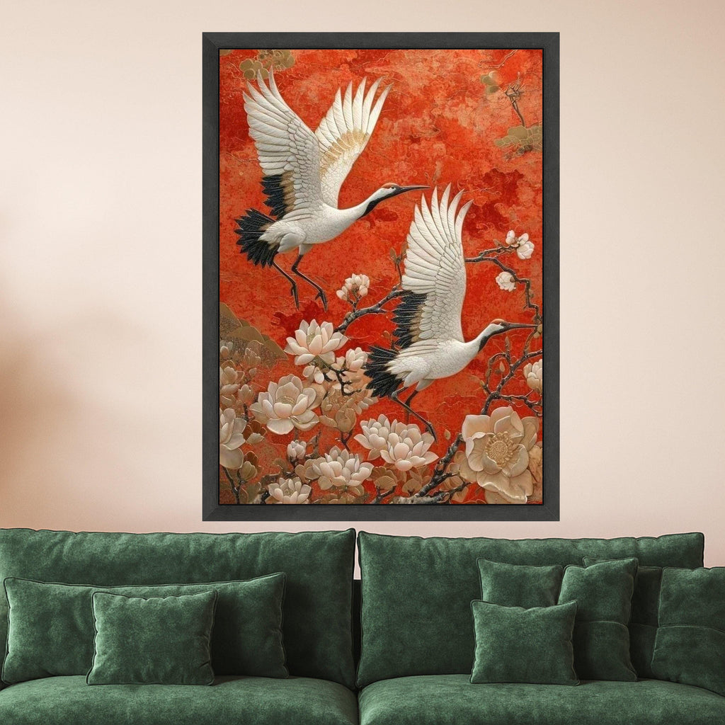 Elegant Cranes in Flight Canvas, Asian Floral Wall Art, Red Background Nature Scene, Bird and Blossom Canvas, Home Decoration Ready To Hang,