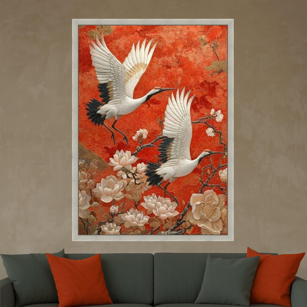 Elegant Cranes in Flight Canvas, Asian Floral Wall Art, Red Background Nature Scene, Bird and Blossom Canvas, Home Decoration Ready To Hang,