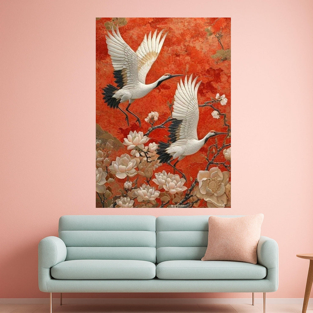Elegant Cranes in Flight Canvas, Asian Floral Wall Art, Red Background Nature Scene, Bird and Blossom Canvas, Home Decoration Ready To Hang,