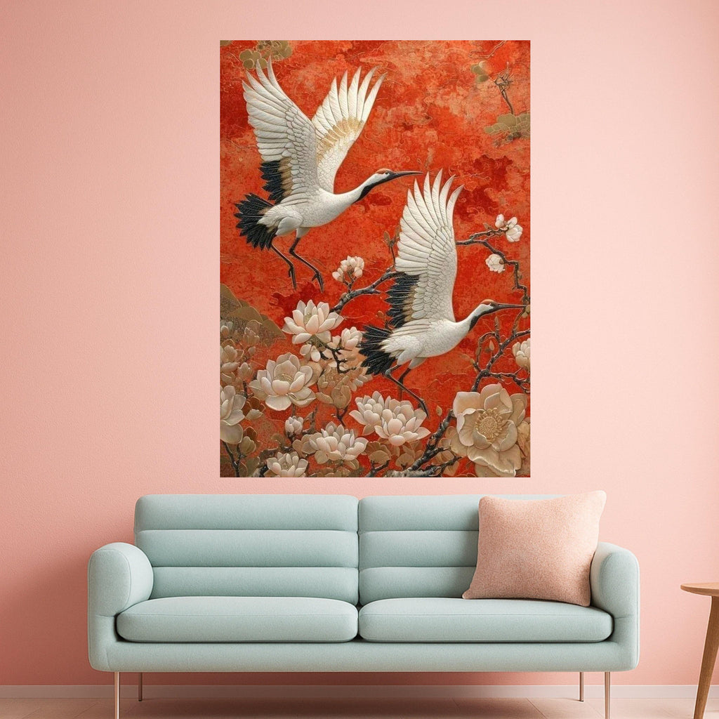 Elegant Cranes in Flight Canvas, Asian Floral Wall Art, Red Background Nature Scene, Bird and Blossom Canvas, Home Decoration Ready To Hang,