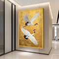 Elegant Red Crowned Cranes Canvas, Flying Bird Wall Art, Golden Background Canvas, Asian Inspired Wildlife Art, Nature Home Ready To Hang,