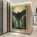 Mothman Legend Canvas Wall Art, Urban Myth Creature Illustration, Glowing Eyes Nightscape, Haunted Cityscape Wall Decor, Dark Ready To Hang,