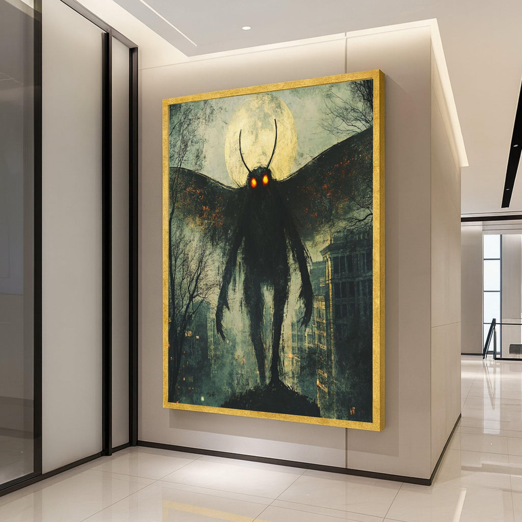 Mothman Legend Canvas Wall Art, Urban Myth Creature Illustration, Glowing Eyes Nightscape, Haunted Cityscape Wall Decor, Dark Ready To Hang,