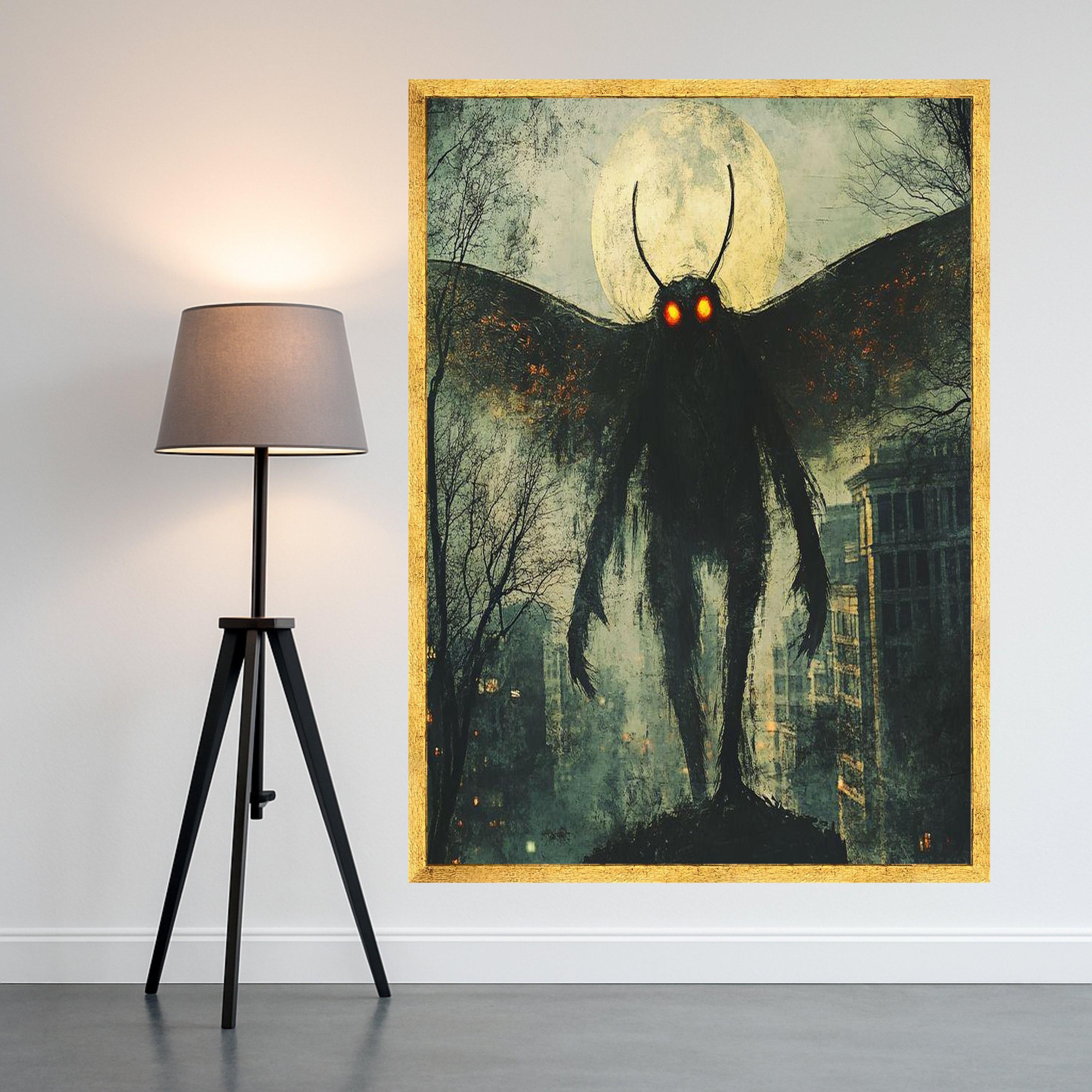Mothman Legend Canvas Wall Art, Urban Myth Creature Illustration, Glowing Eyes Nightscape, Haunted Cityscape Wall Decor, Dark Ready To Hang,
