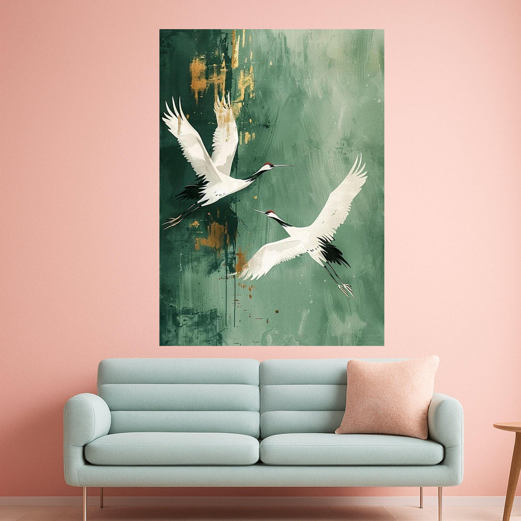 Elegant Flying Cranes Canvas Wall Art, Abstract Nature Bird Painting, Green and Gold Home Decor, Modern Wildlife Artwork, Ready To Hang,
