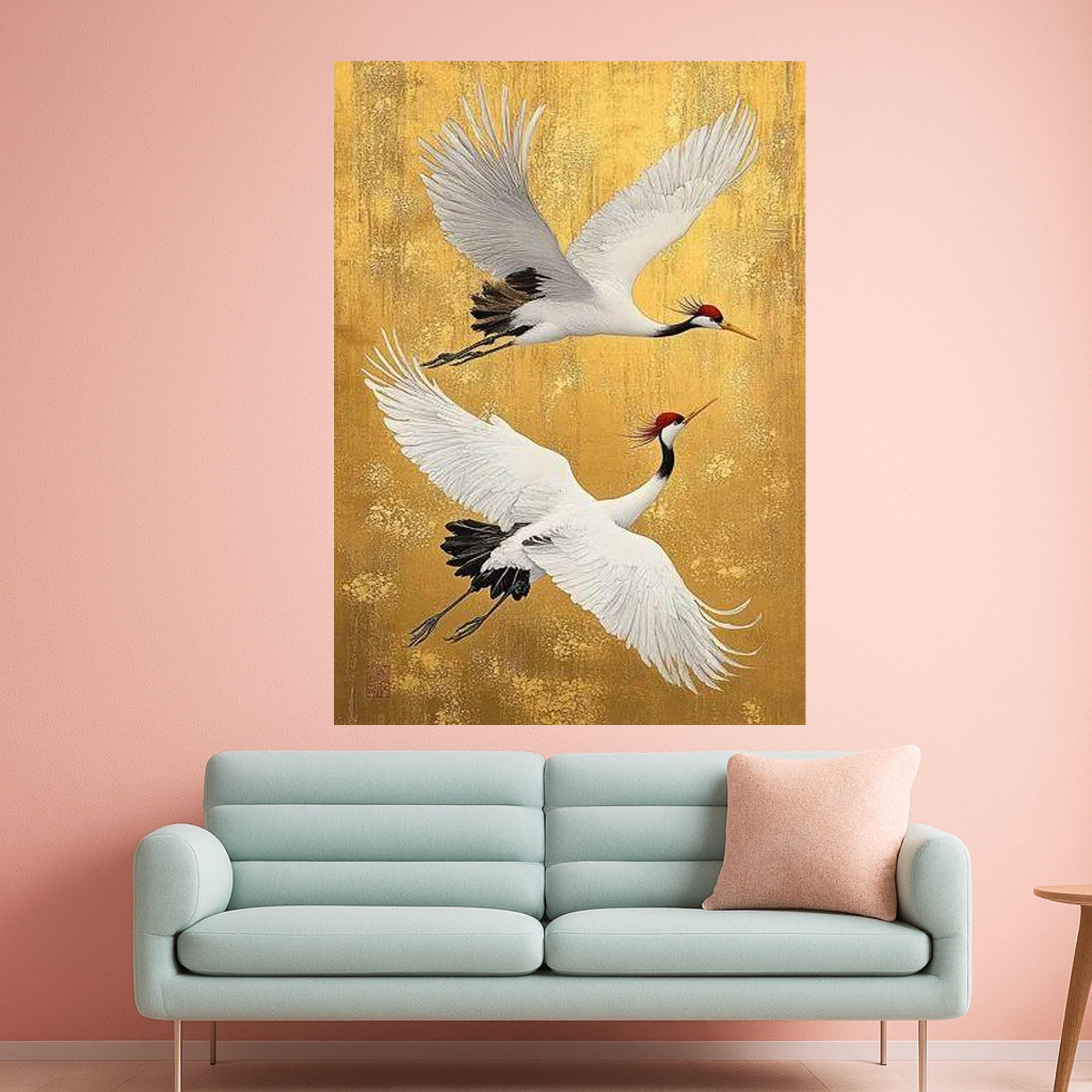 Elegant Red Crowned Cranes Canvas, Flying Bird Wall Art, Golden Background Canvas, Asian Inspired Wildlife Art, Nature Home Ready To Hang,