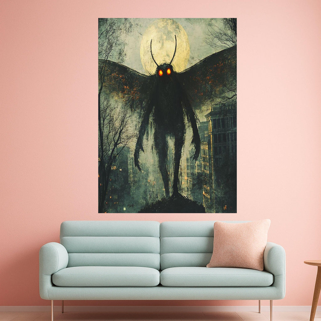 Mothman Legend Canvas Wall Art, Urban Myth Creature Illustration, Glowing Eyes Nightscape, Haunted Cityscape Wall Decor, Dark Ready To Hang,