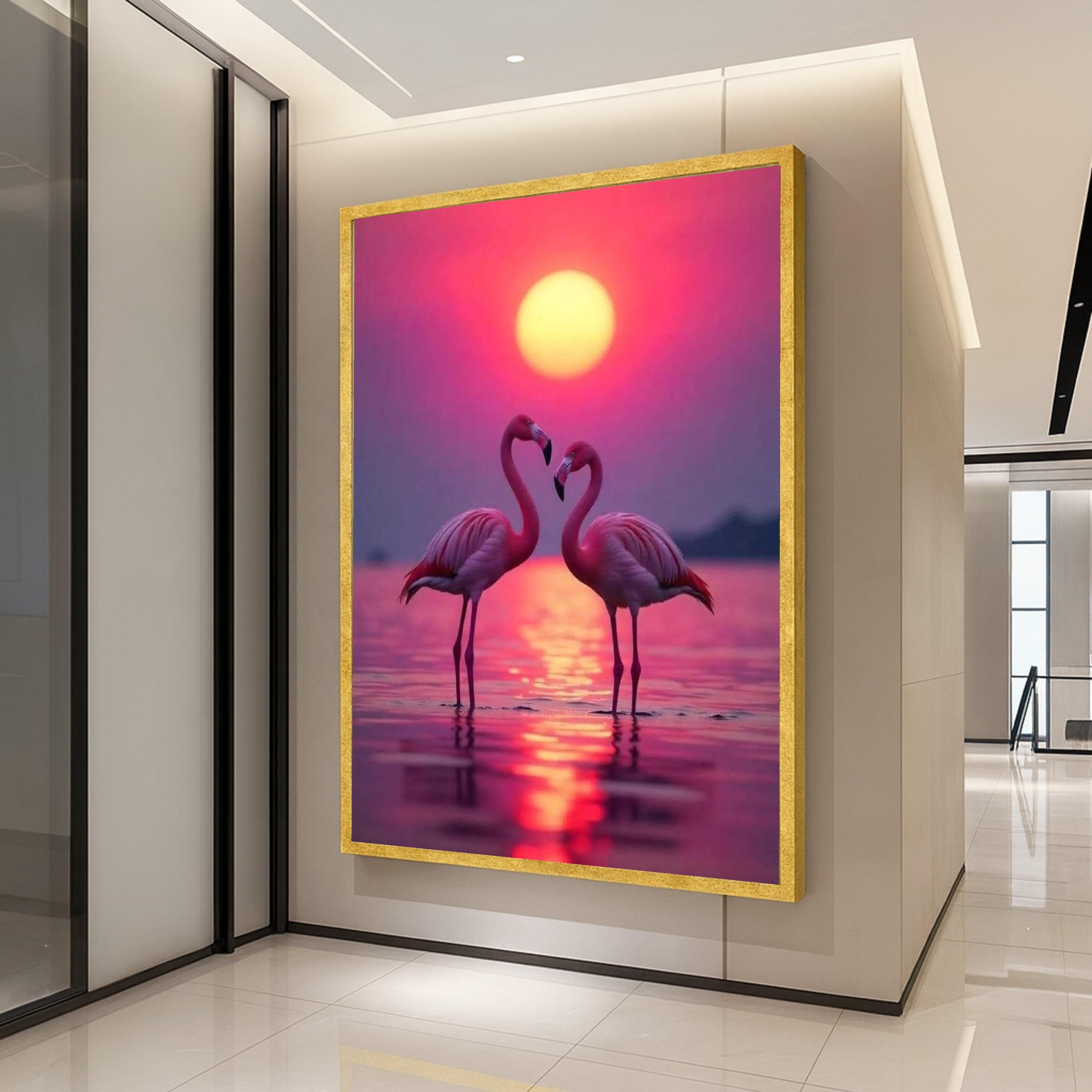 Romantic Flamingo Sunset Canvas, Tropical Birds Wall Art, Pink Nature Landscape, Lake Reflection Canvas, Wildlife Decor, Ready To Hang,