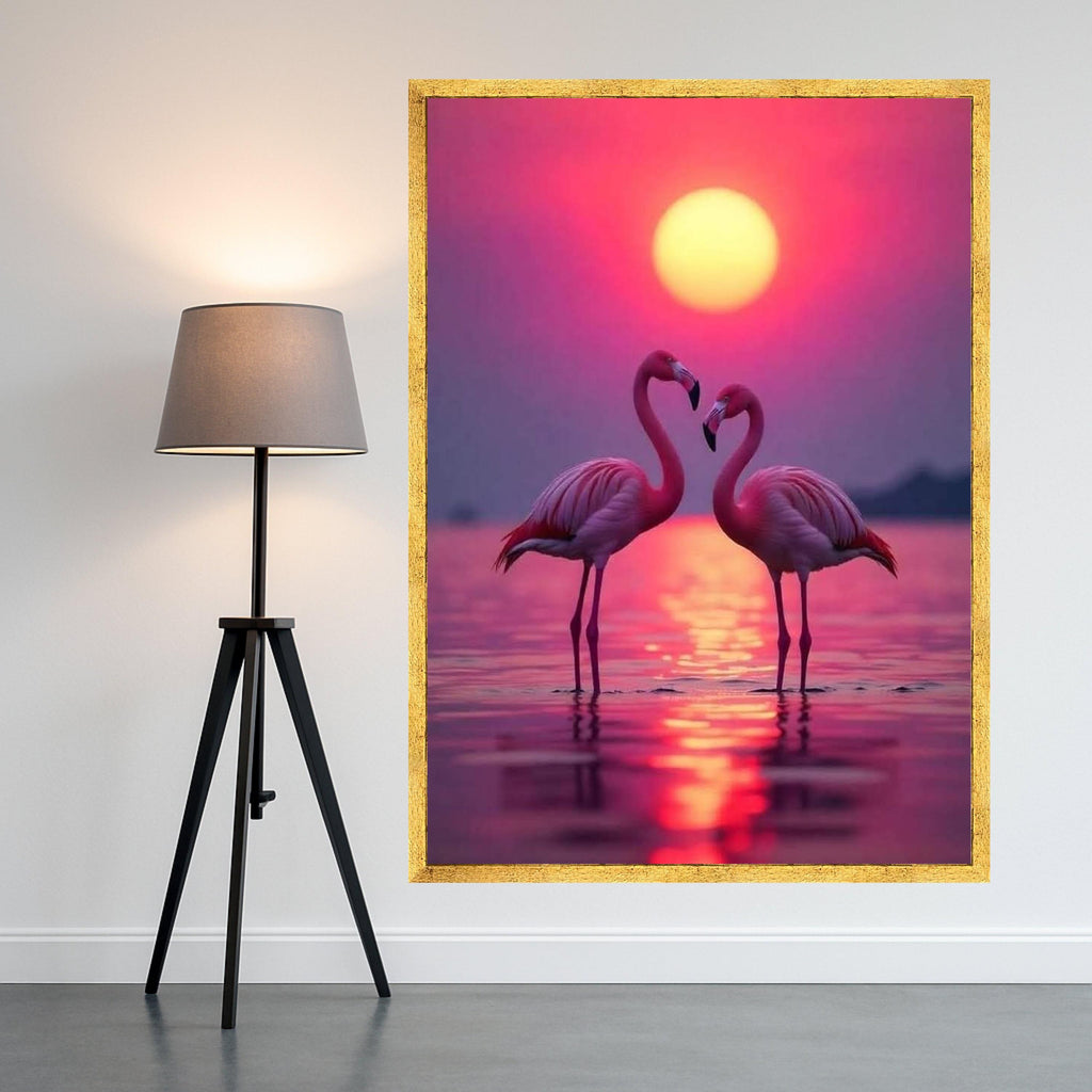 Romantic Flamingo Sunset Canvas, Tropical Birds Wall Art, Pink Nature Landscape, Lake Reflection Canvas, Wildlife Decor, Ready To Hang,