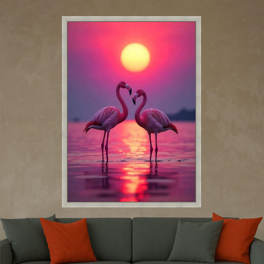 Romantic Flamingo Sunset Canvas, Tropical Birds Wall Art, Pink Nature Landscape, Lake Reflection Canvas, Wildlife Decor, Ready To Hang,