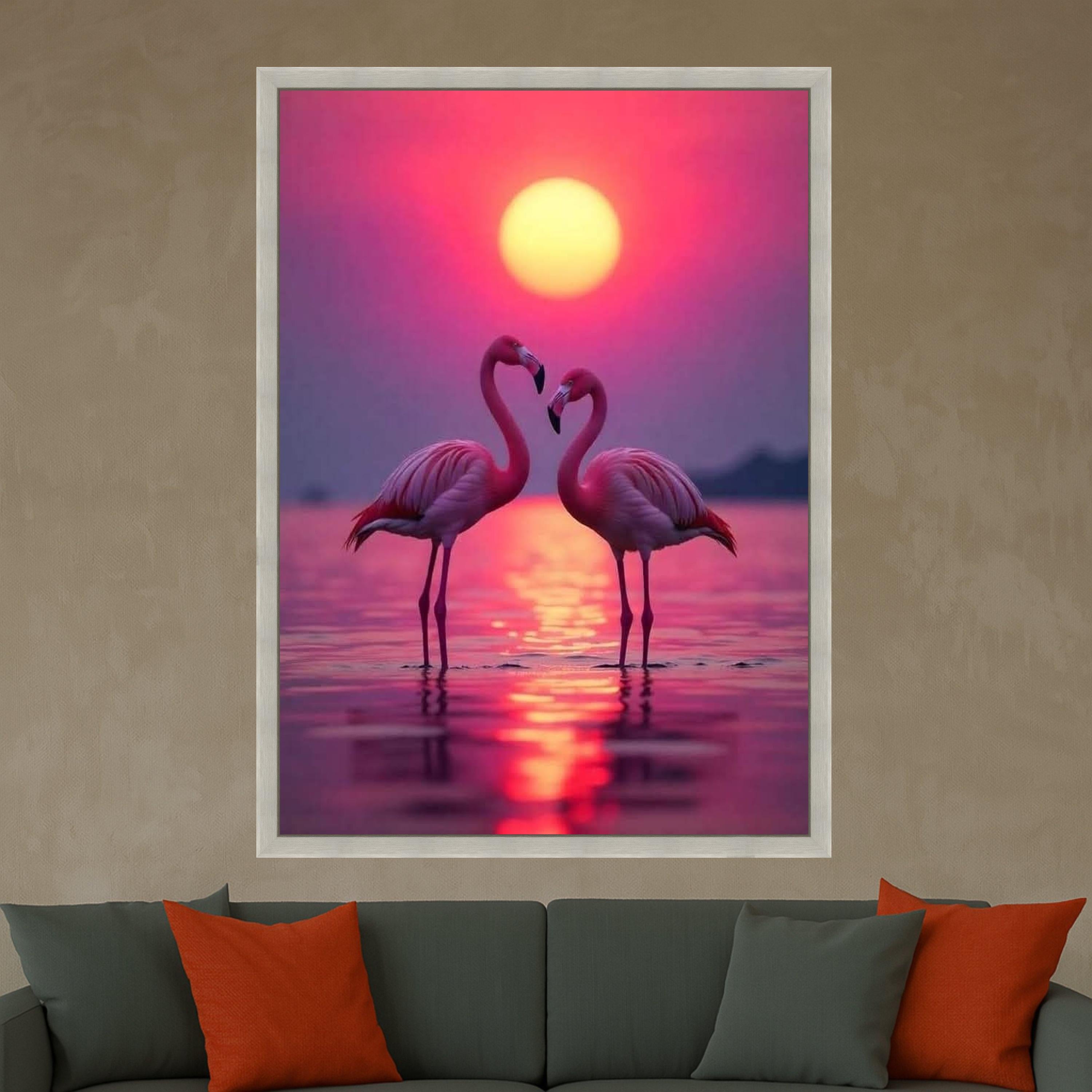 Romantic Flamingo Sunset Canvas, Tropical Birds Wall Art, Pink Nature Landscape, Lake Reflection Canvas, Wildlife Decor, Ready To Hang,
