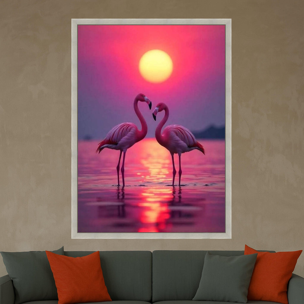 Romantic Flamingo Sunset Canvas, Tropical Birds Wall Art, Pink Nature Landscape, Lake Reflection Canvas, Wildlife Decor, Ready To Hang,
