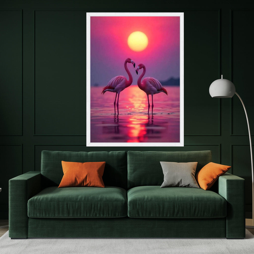 Romantic Flamingo Sunset Canvas, Tropical Birds Wall Art, Pink Nature Landscape, Lake Reflection Canvas, Wildlife Decor, Ready To Hang,