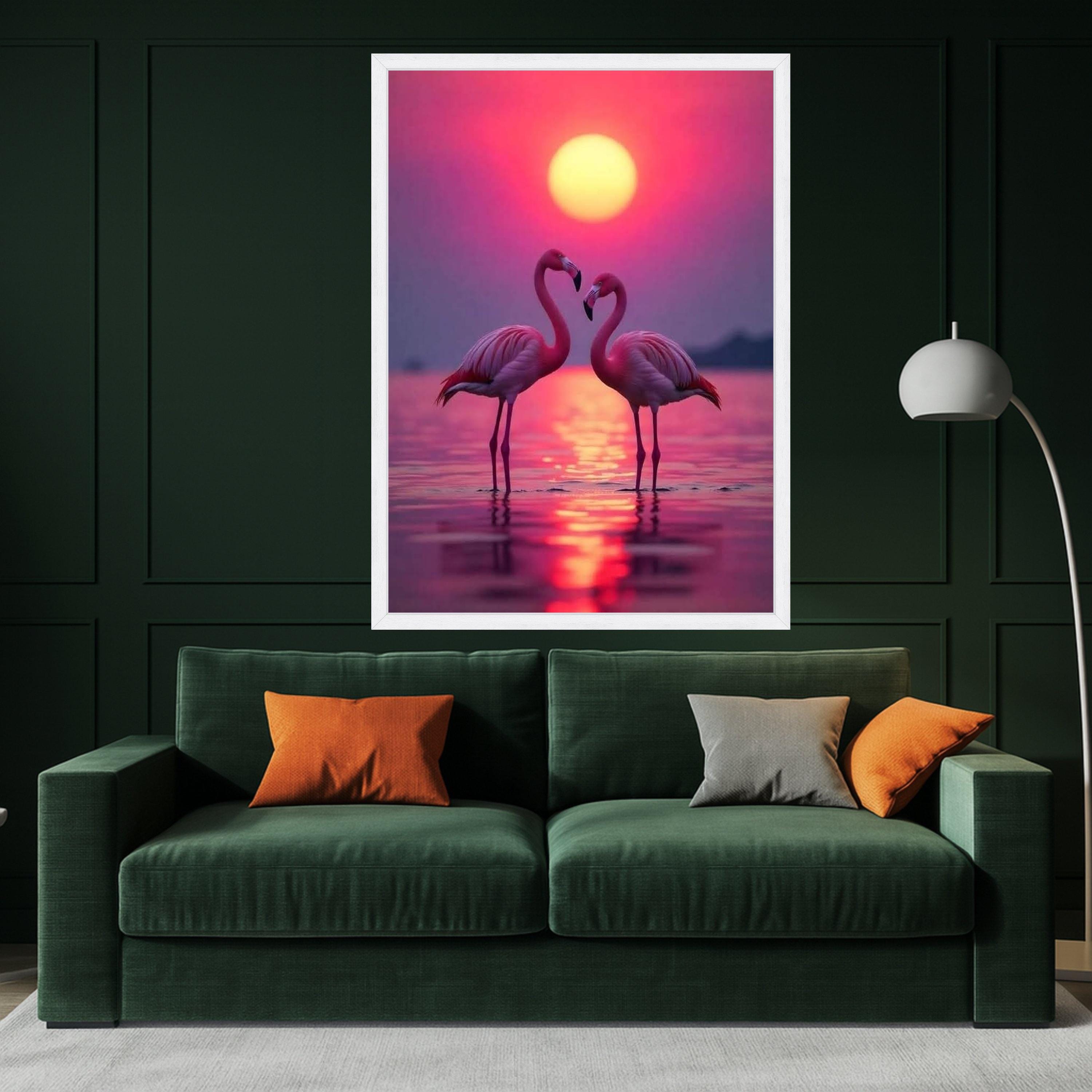 Romantic Flamingo Sunset Canvas, Tropical Birds Wall Art, Pink Nature Landscape, Lake Reflection Canvas, Wildlife Decor, Ready To Hang,