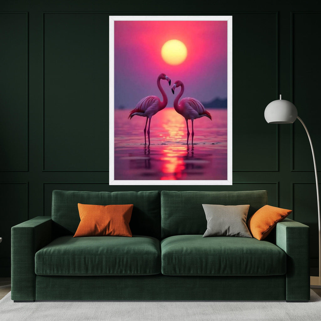 Romantic Flamingo Sunset Canvas, Tropical Birds Wall Art, Pink Nature Landscape, Lake Reflection Canvas, Wildlife Decor, Ready To Hang,