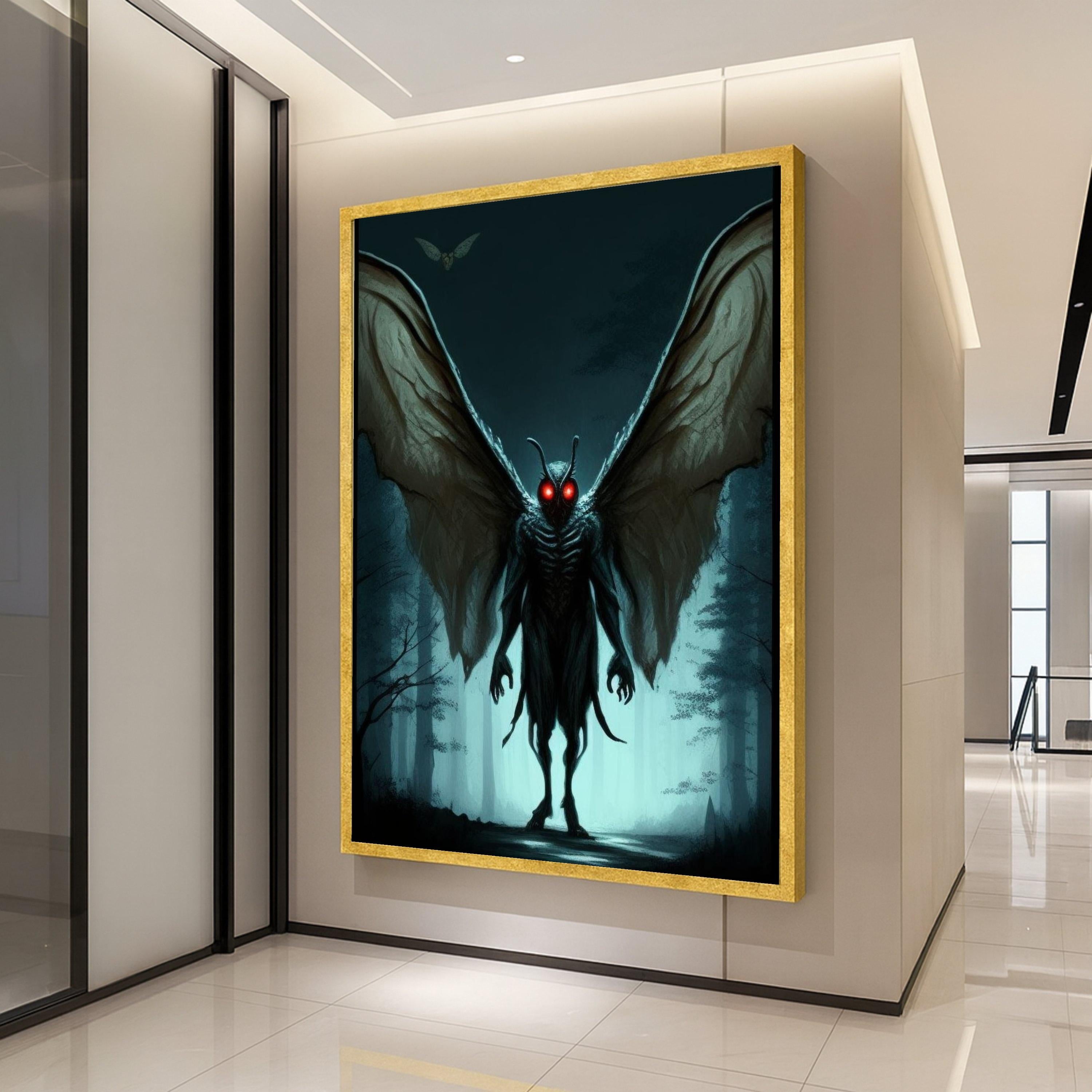 Dark Forest Mothman Canvas, Glowing Red Eyes Wall Art, Creepy Creature Illustration, Gothic Canvas Decor, Horror Fantasy Ready To Hang,