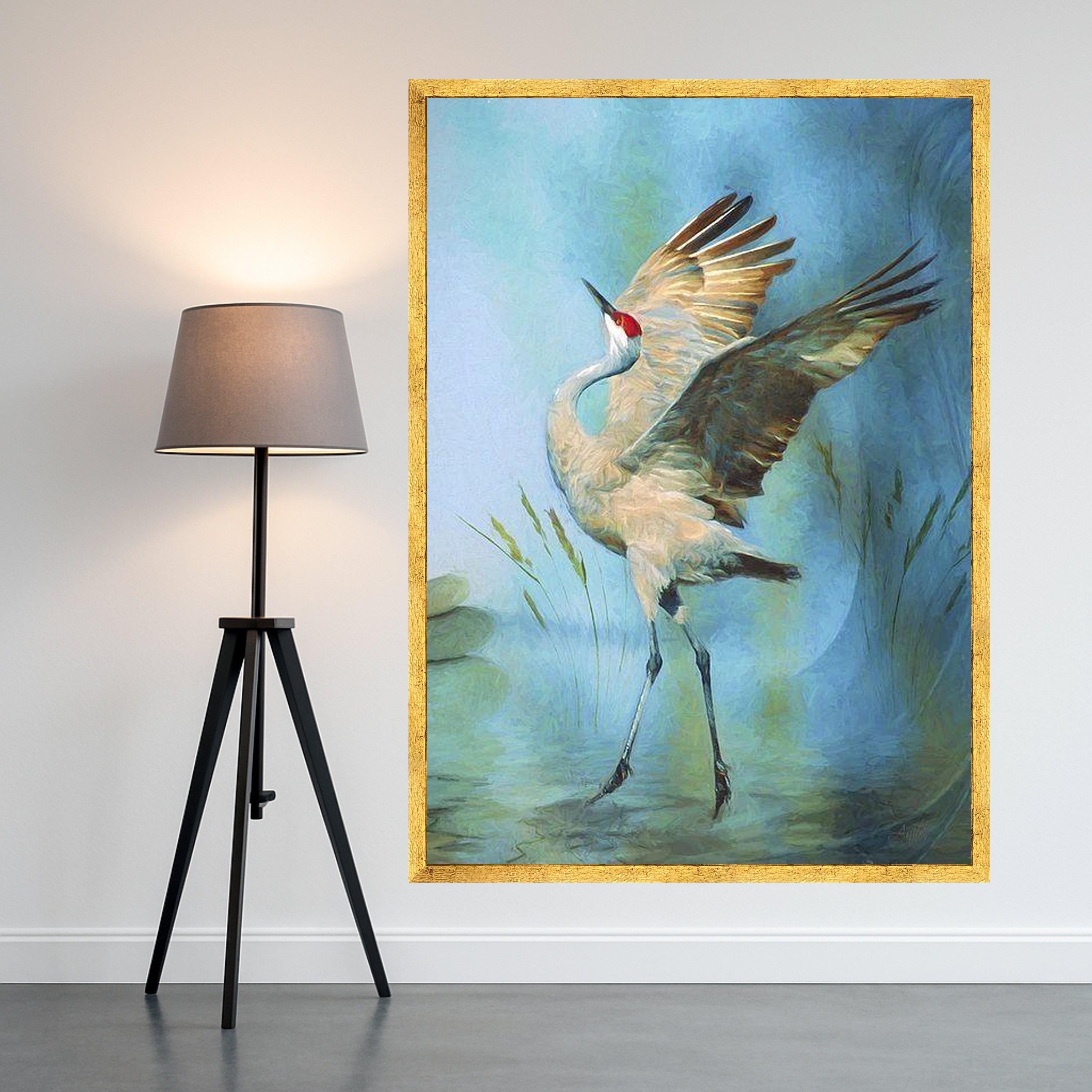 Graceful Crane Bird Canvas Wall Art, Nature Wildlife Painting, Blue Background Feathered Wall Decor, Elegant Shorebird Ready To Hang,