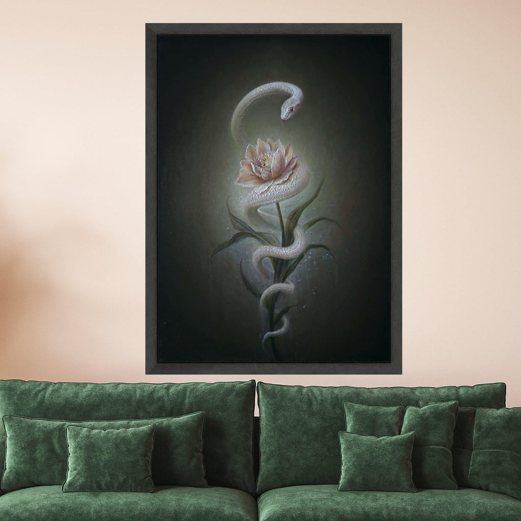Mystical White Snake and Lotus Flower Canvas, Surreal Nature Wall Art, Botanical Serpent Painting, Elegant Home Decoration Ready To Hang,