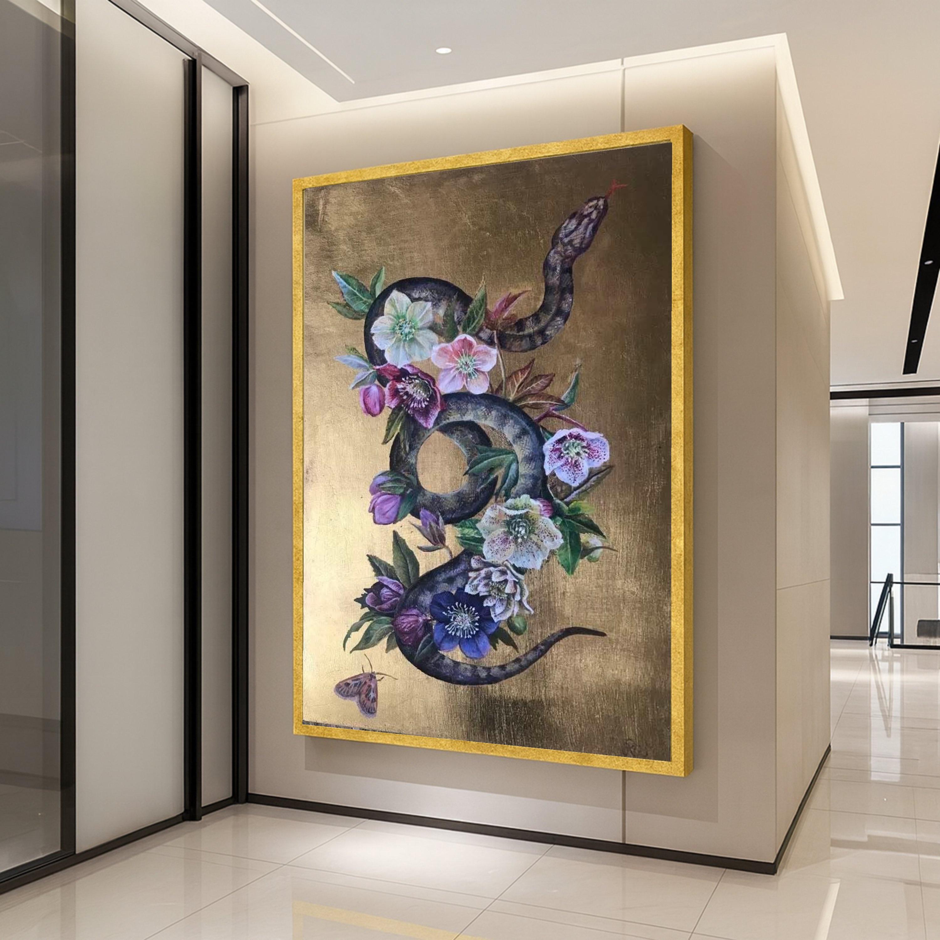 Floral Snake Canvas Print – Dark Botanical Wall Art, Gothic Wall Decor, Ready to Hang Serpent Wall Decoration