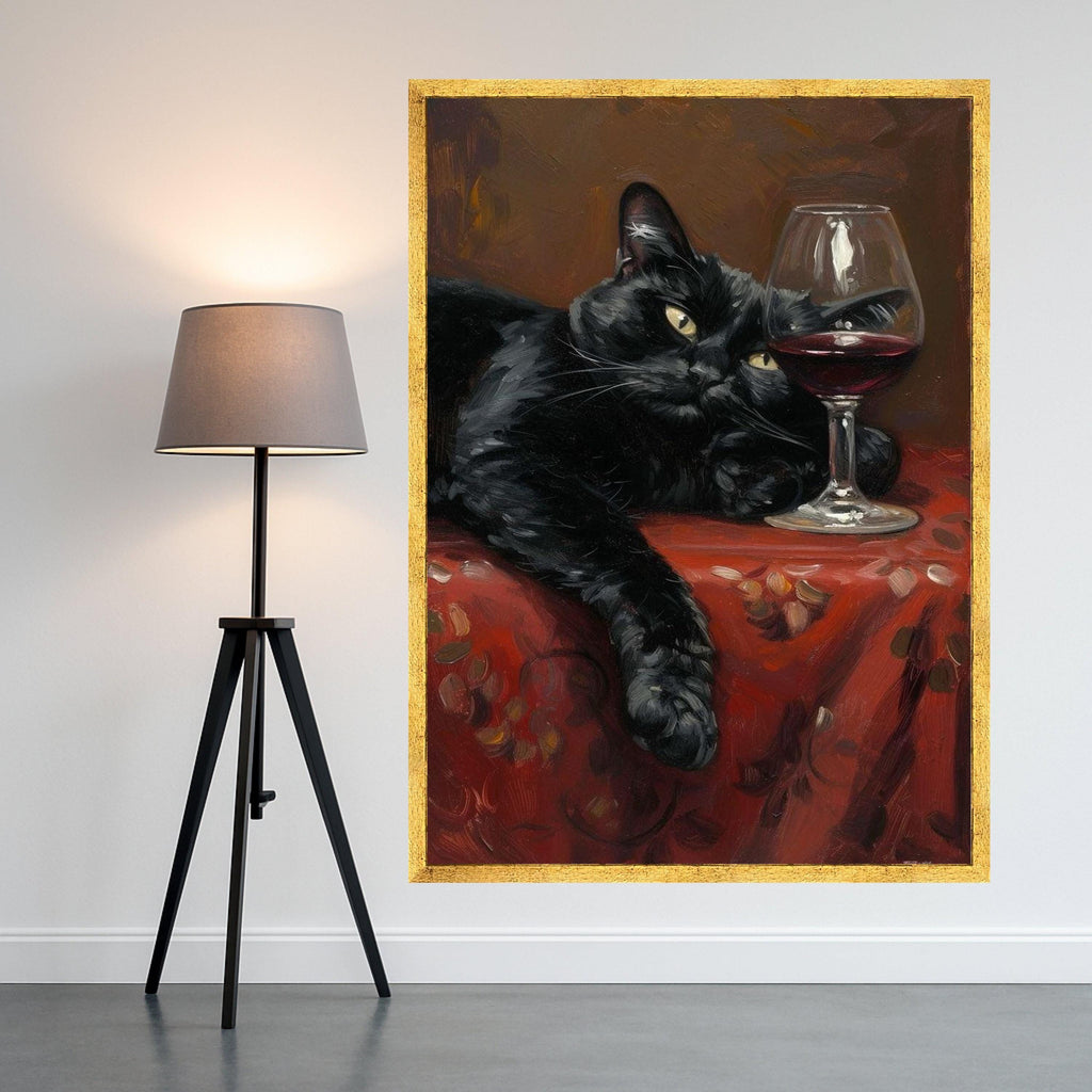 Relaxed Black Cat Painting, Wine Glass Canvas Wall Art, Cozy Home Decor, Cat Lover Gift, Still Life Canvas, Animal Art Print, Ready To Hang,