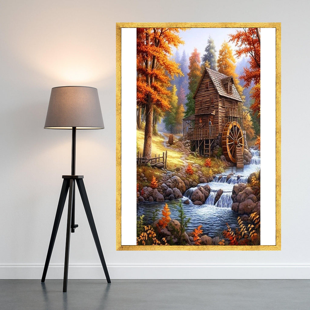 Rustic Autumn Watermill Canvas Print – Country Wall Art, Fall Wall Decor, Ready to Hang Wall Decoration