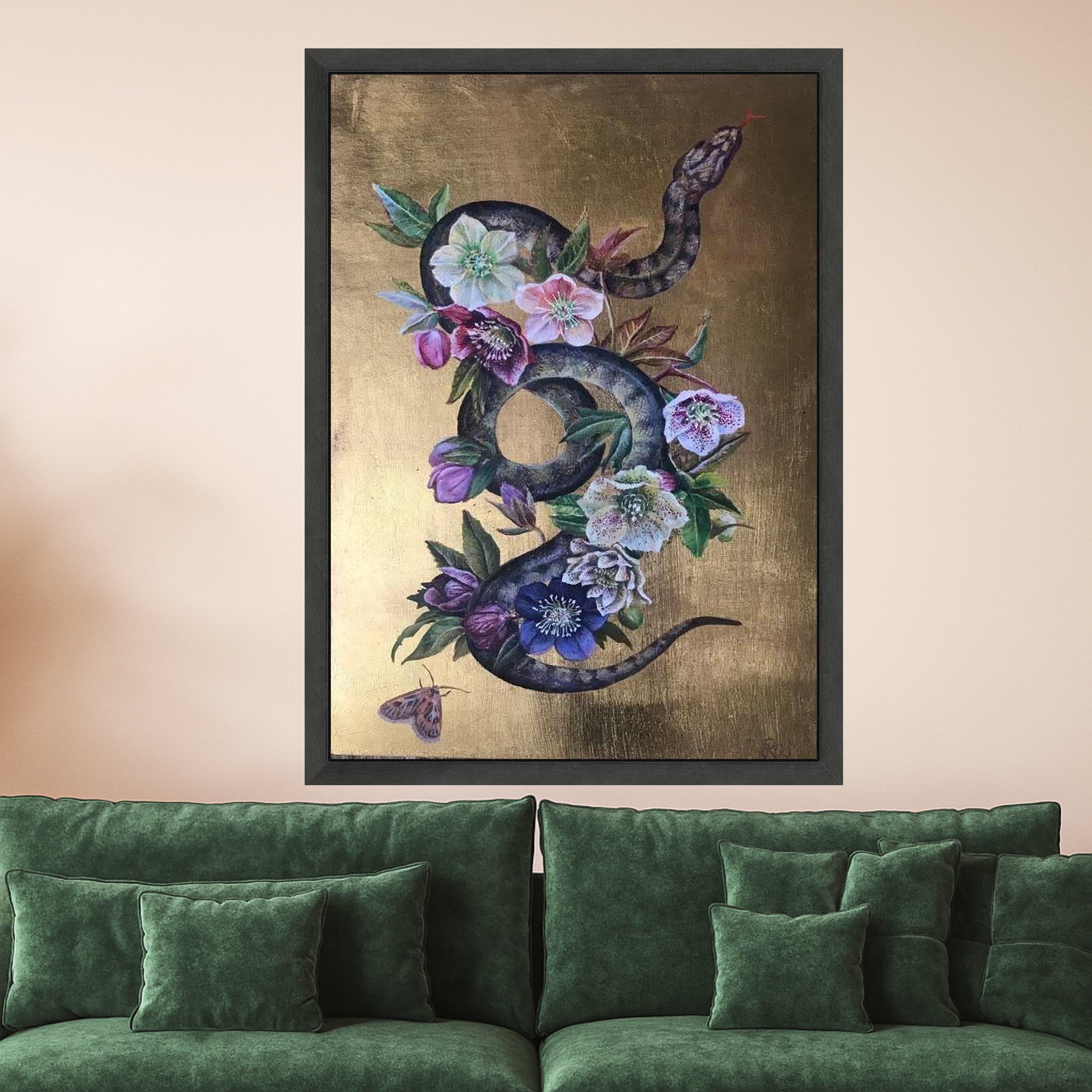 Floral Snake Canvas Print – Dark Botanical Wall Art, Gothic Wall Decor, Ready to Hang Serpent Wall Decoration