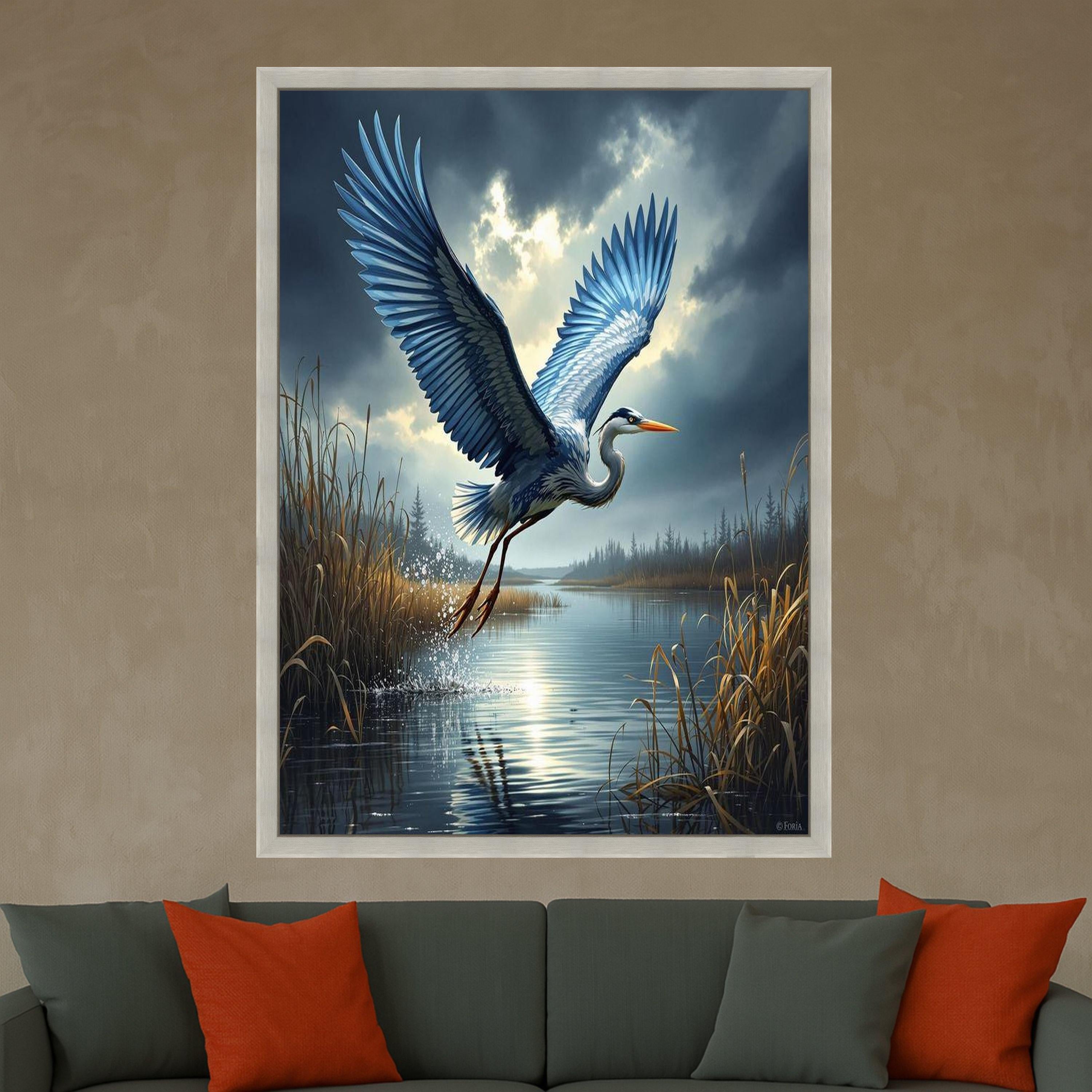 Heron in Flight Canvas Print – Bird Wall Art, Nature Wall Decor, Ready to Hang Marsh Landscape Wall Decoration
