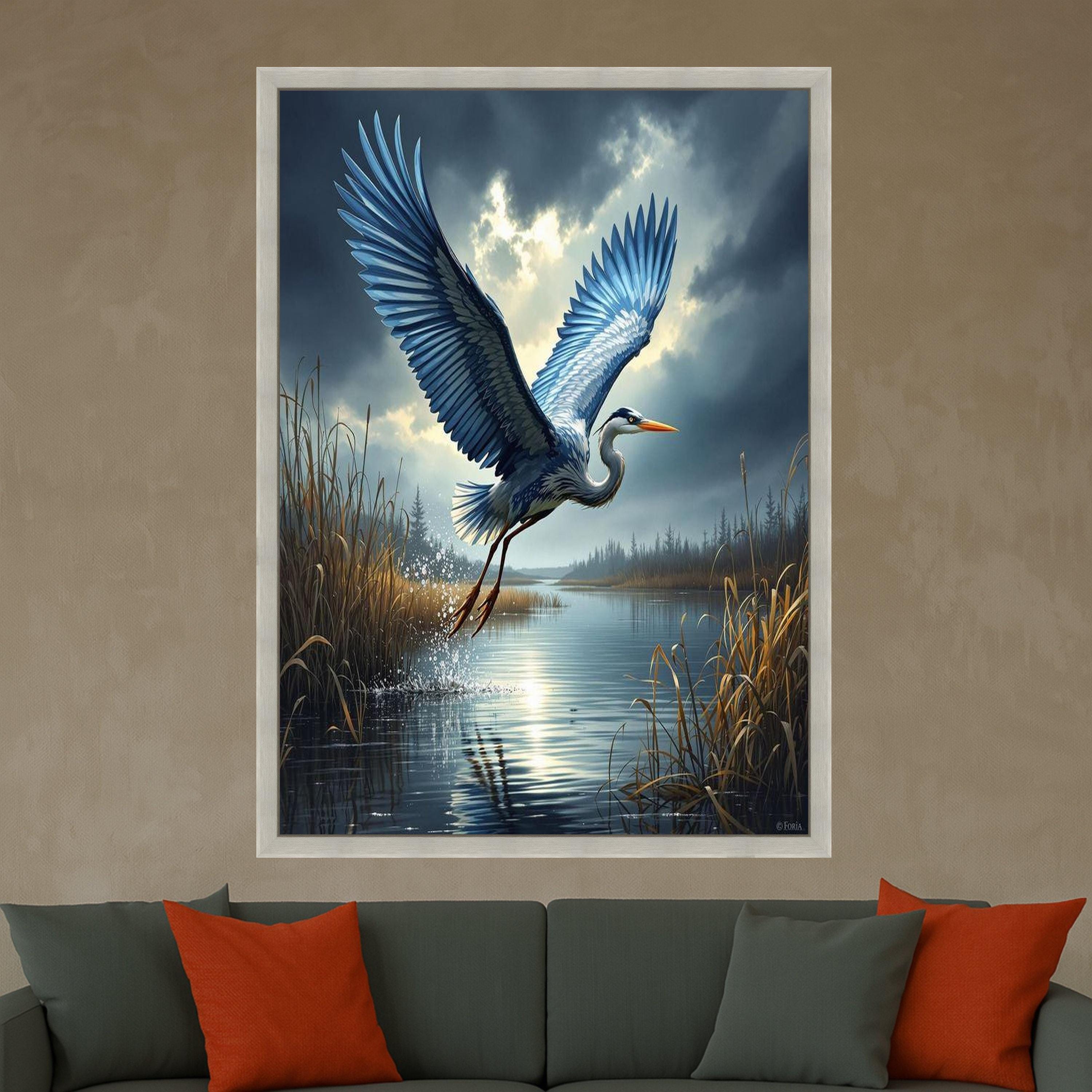 Heron in Flight Canvas Print – Bird Wall Art, Nature Wall Decor, Ready to Hang Marsh Landscape Wall Decoration