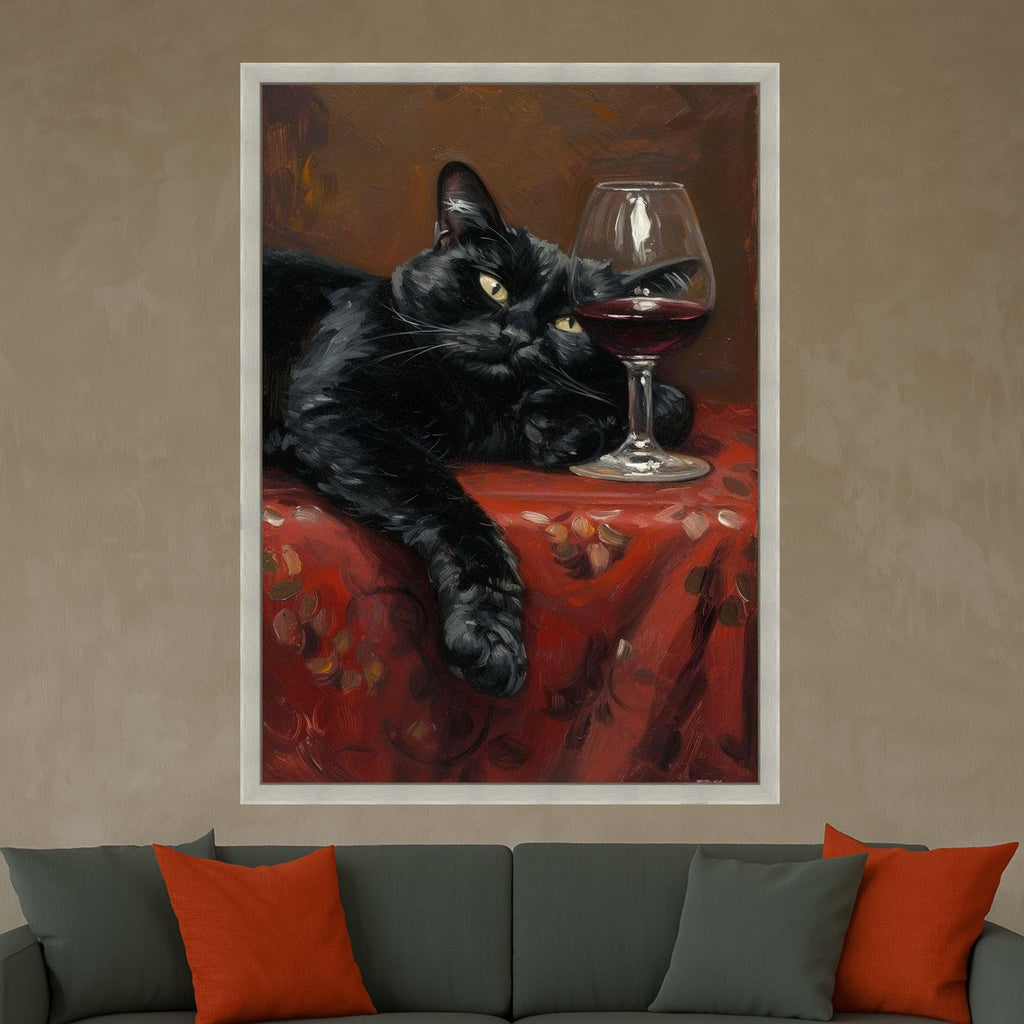 Relaxed Black Cat Painting, Wine Glass Canvas Wall Art, Cozy Home Decor, Cat Lover Gift, Still Life Canvas, Animal Art Print, Ready To Hang,