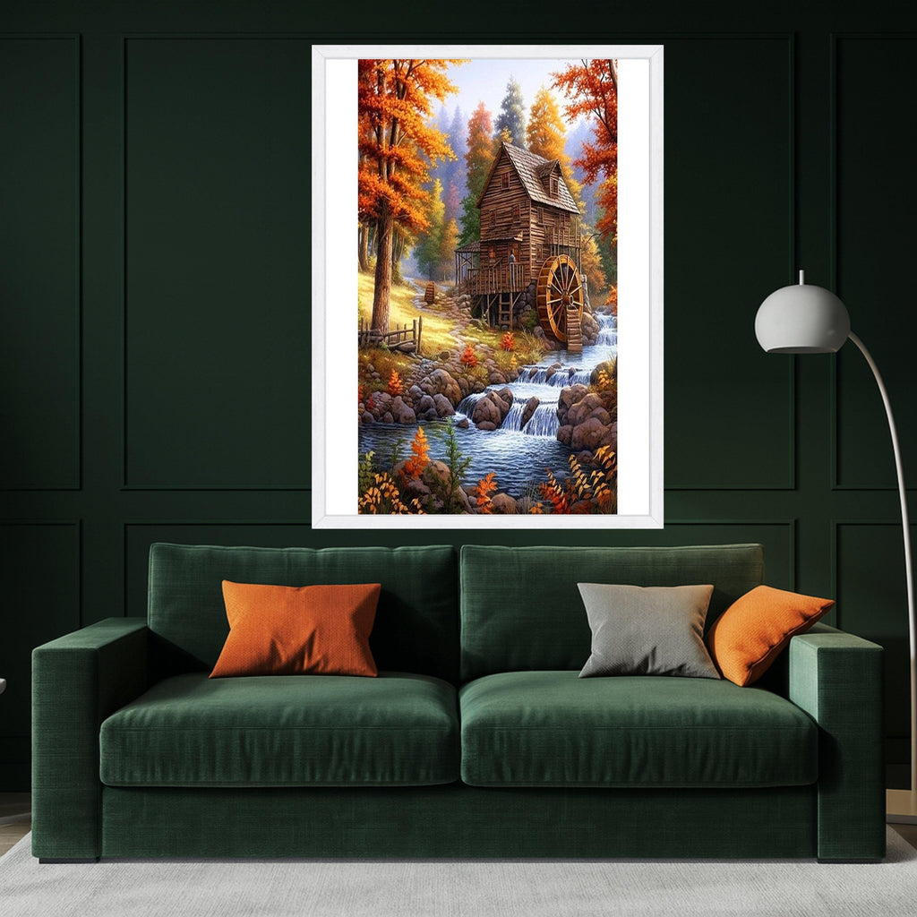 Rustic Autumn Watermill Canvas Print – Country Wall Art, Fall Wall Decor, Ready to Hang Wall Decoration