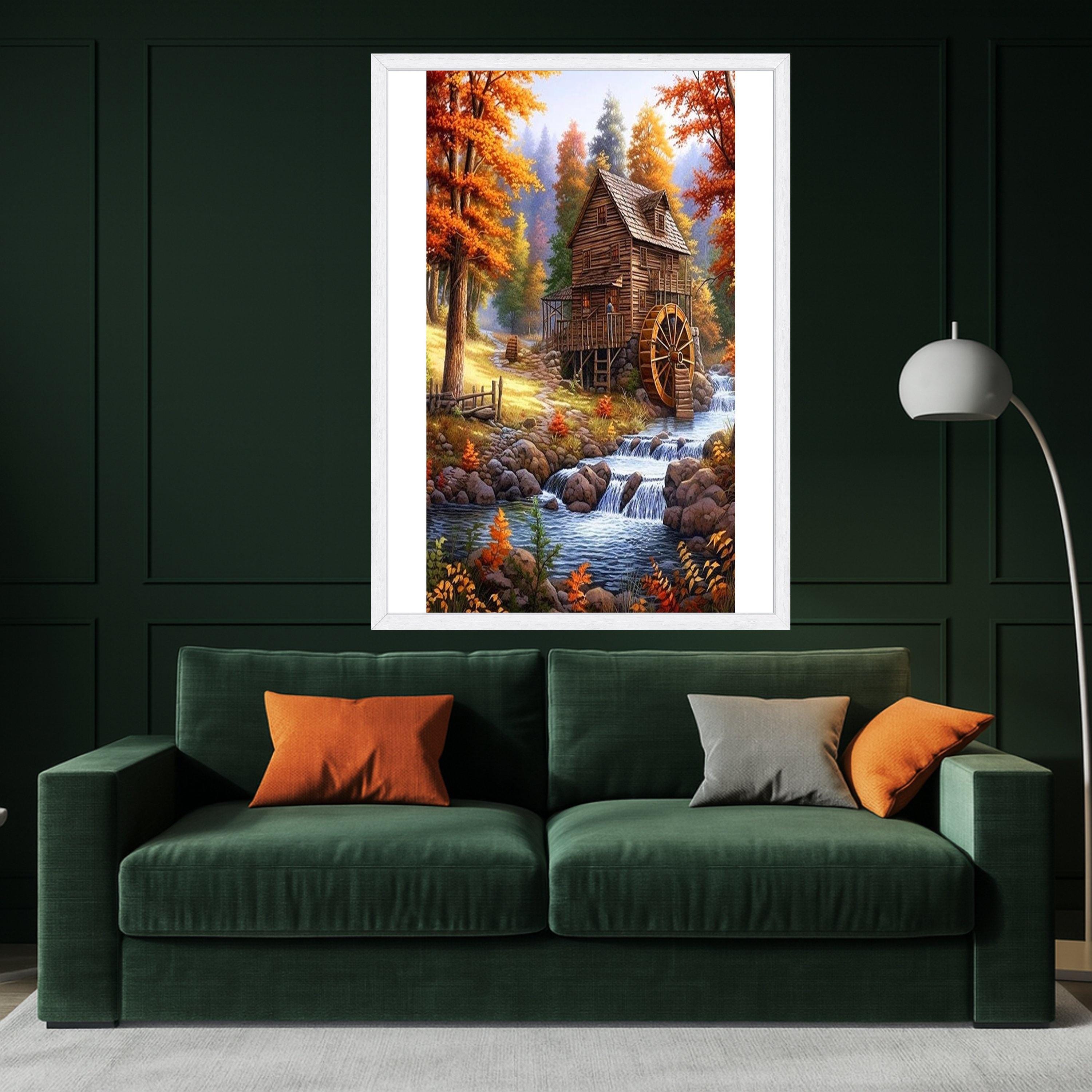 Rustic Autumn Watermill Canvas Print – Country Wall Art, Fall Wall Decor, Ready to Hang Wall Decoration