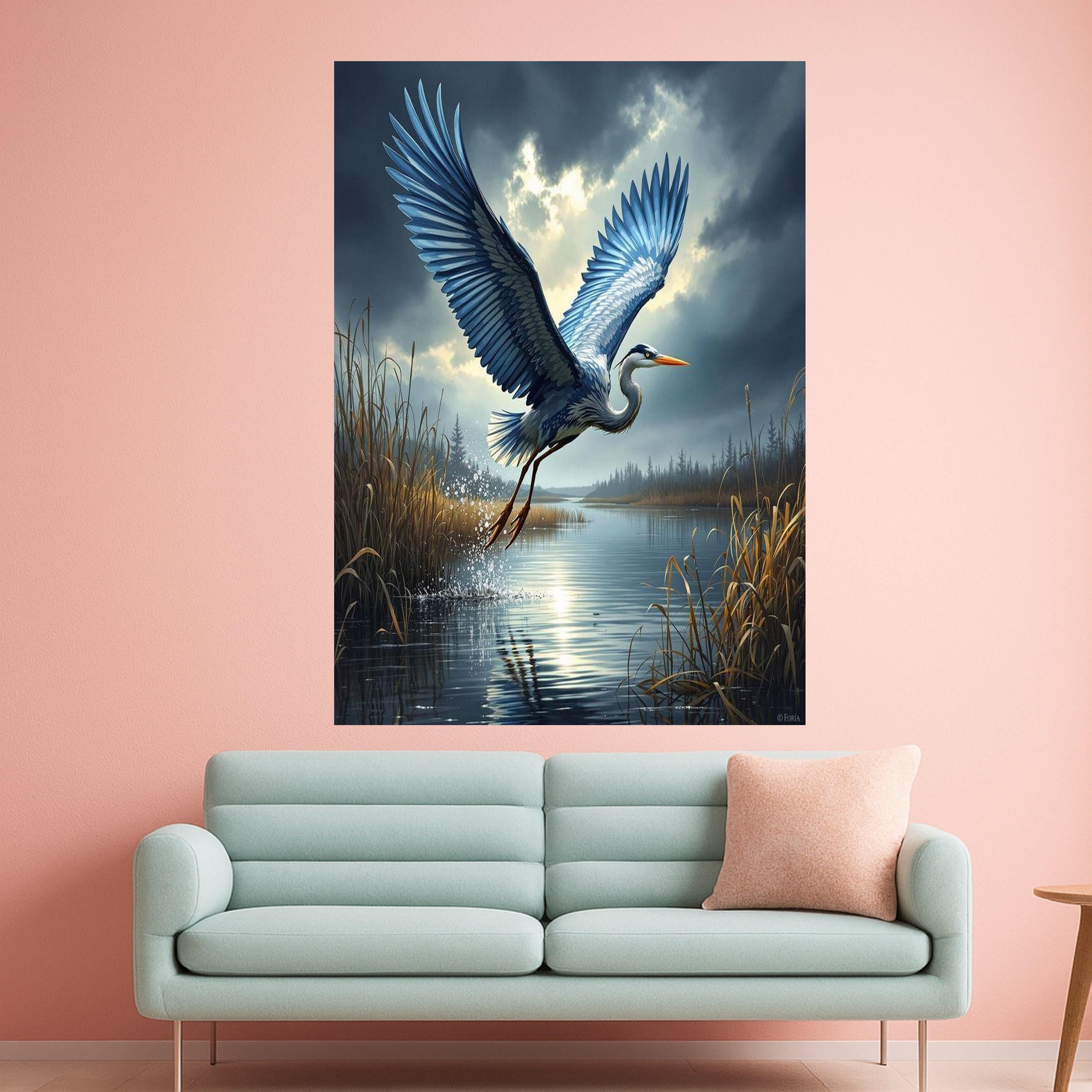 Heron in Flight Canvas Print – Bird Wall Art, Nature Wall Decor, Ready to Hang Marsh Landscape Wall Decoration