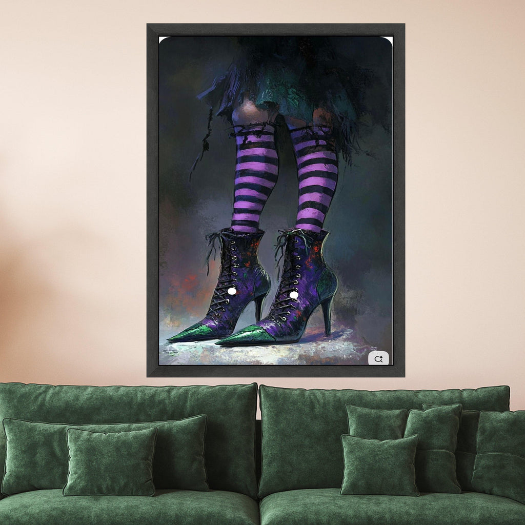 Witchy Purple Striped Socks and High Heel Boots, Gothic Canvas Wall Art, Halloween Decor, Dark Fantasy Canvas, Home Ready To Hang,