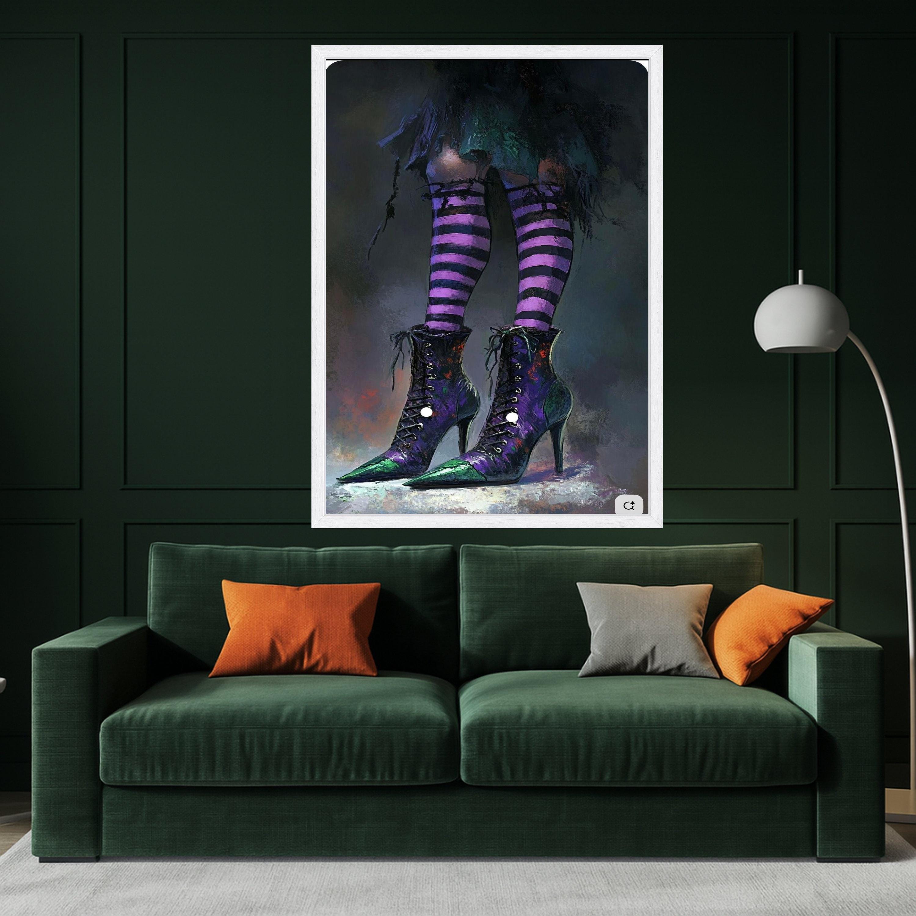 Witchy Purple Striped Socks and High Heel Boots, Gothic Canvas Wall Art, Halloween Decor, Dark Fantasy Canvas, Home Ready To Hang,