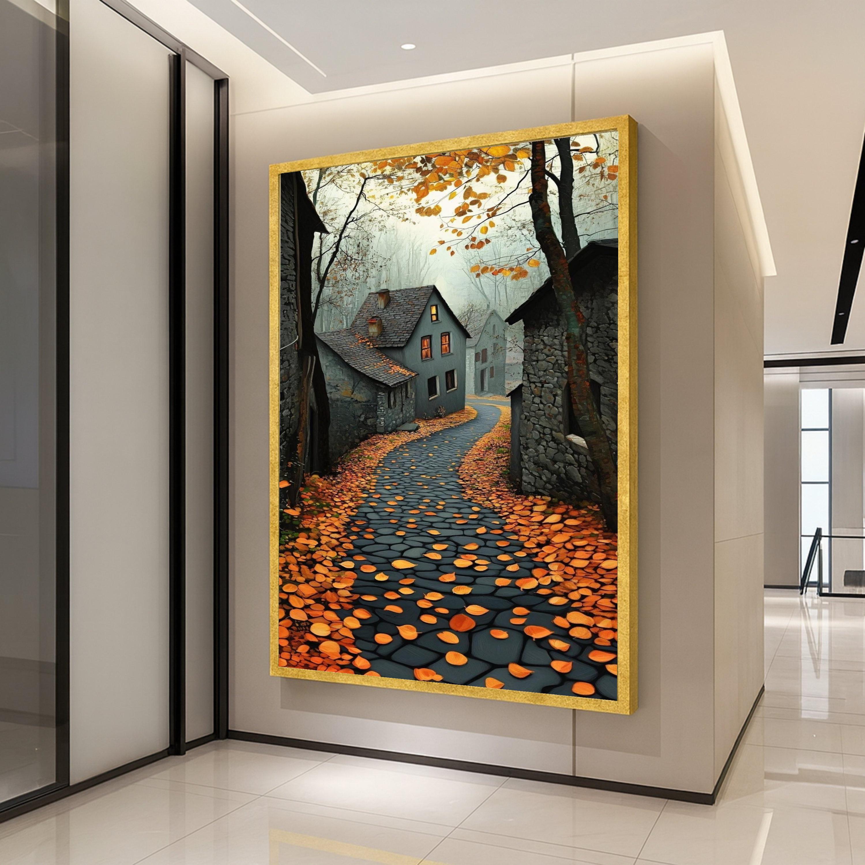 Autumn Village Path Canvas Wall Art, Cozy Countryside Scene, Fall Leaves and Stone Road, Warm Home Decoration, Rustic Ready To Hang,