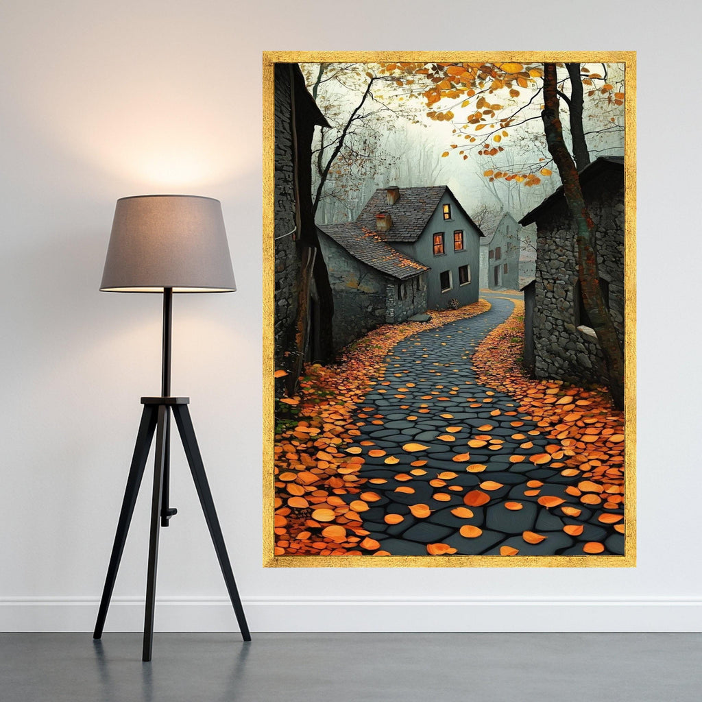 Autumn Village Path Canvas Wall Art, Cozy Countryside Scene, Fall Leaves and Stone Road, Warm Home Decoration, Rustic Ready To Hang,