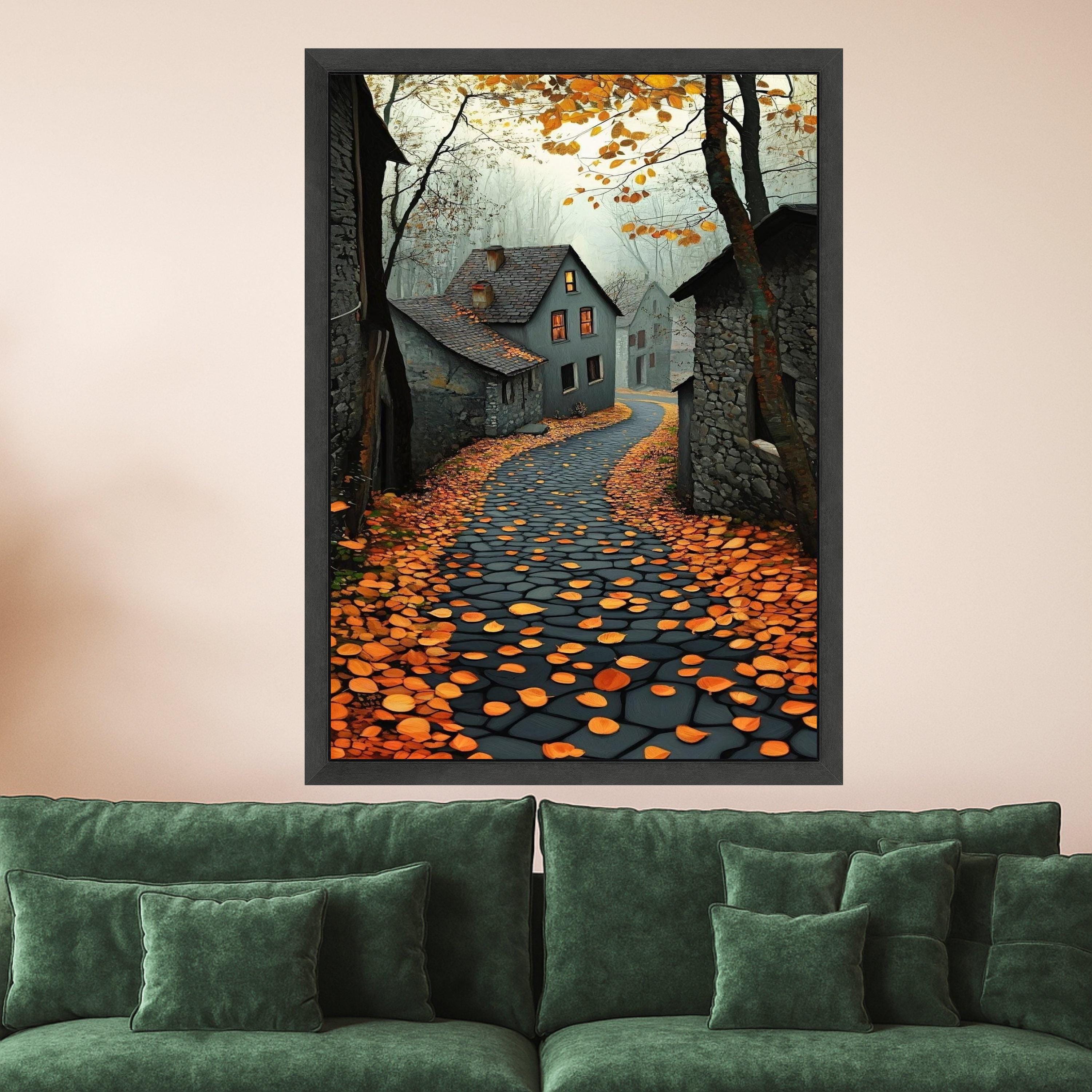 Autumn Village Path Canvas Wall Art, Cozy Countryside Scene, Fall Leaves and Stone Road, Warm Home Decoration, Rustic Ready To Hang,