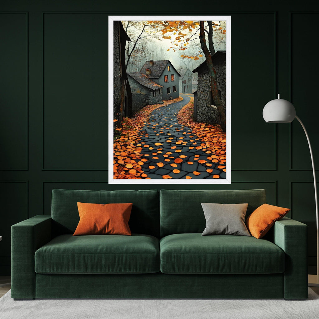 Autumn Village Path Canvas Wall Art, Cozy Countryside Scene, Fall Leaves and Stone Road, Warm Home Decoration, Rustic Ready To Hang,
