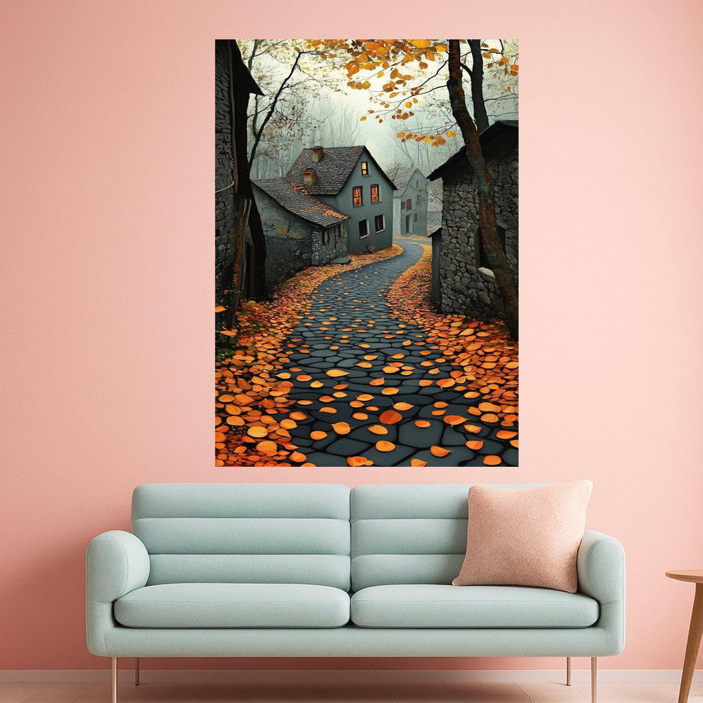 Autumn Village Path Canvas Wall Art, Cozy Countryside Scene, Fall Leaves and Stone Road, Warm Home Decoration, Rustic Ready To Hang,