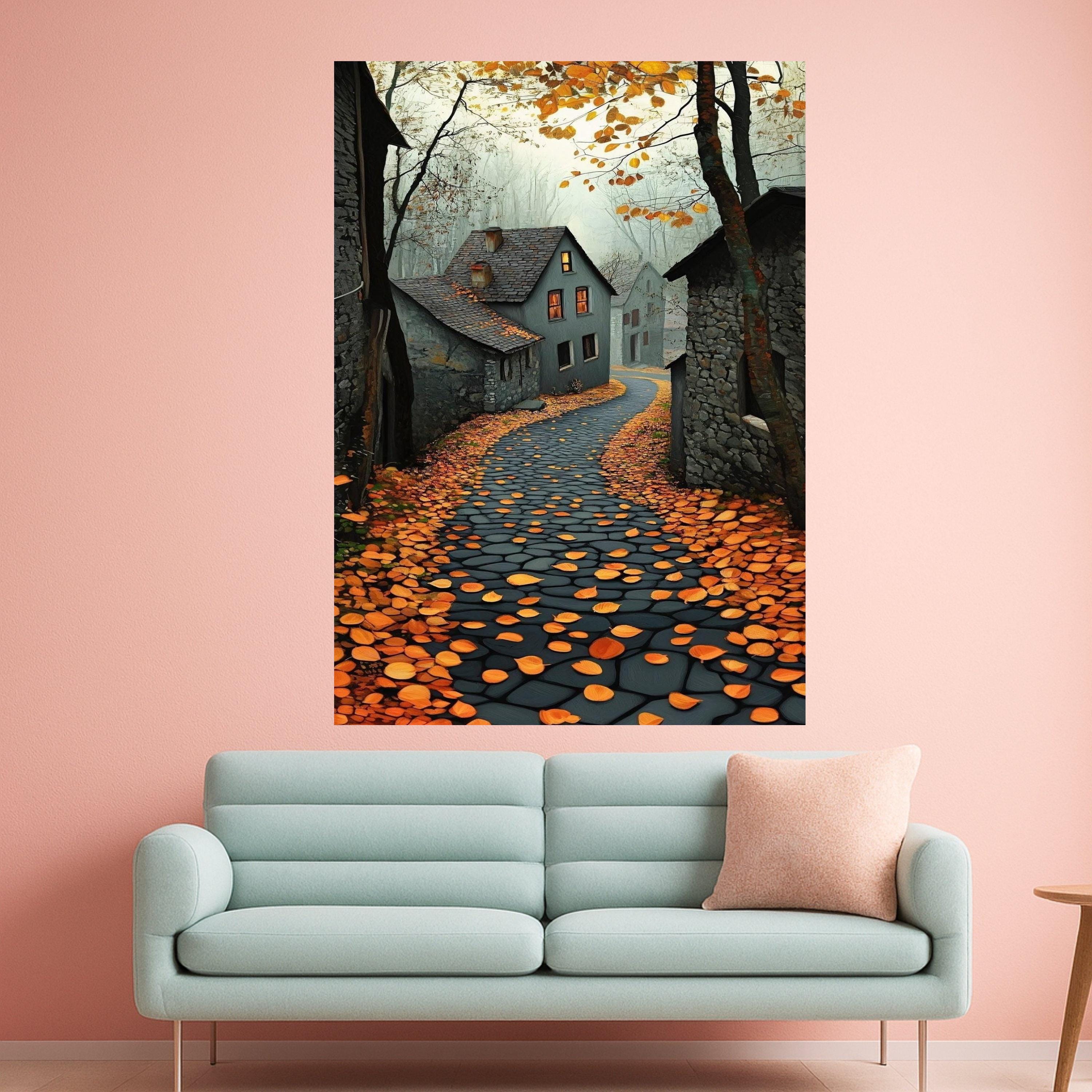 Autumn Village Path Canvas Wall Art, Cozy Countryside Scene, Fall Leaves and Stone Road, Warm Home Decoration, Rustic Ready To Hang,