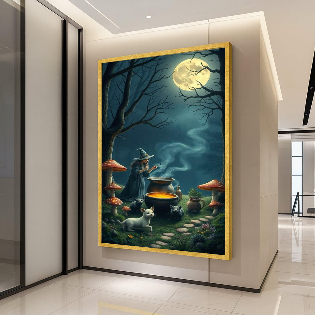 Enchanted Witch Brewing Potion Canvas, Magical Night Forest Wall Art, Full Moon Scene, Fantasy Witchcraft Decor, Halloween Ready To Hang,