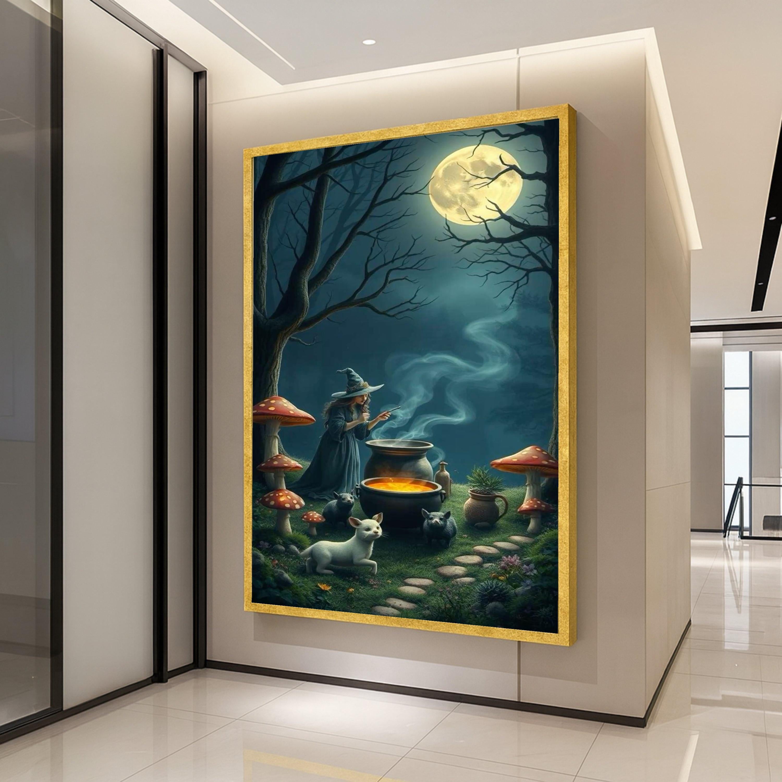 Enchanted Witch Brewing Potion Canvas, Magical Night Forest Wall Art, Full Moon Scene, Fantasy Witchcraft Decor, Halloween Ready To Hang,