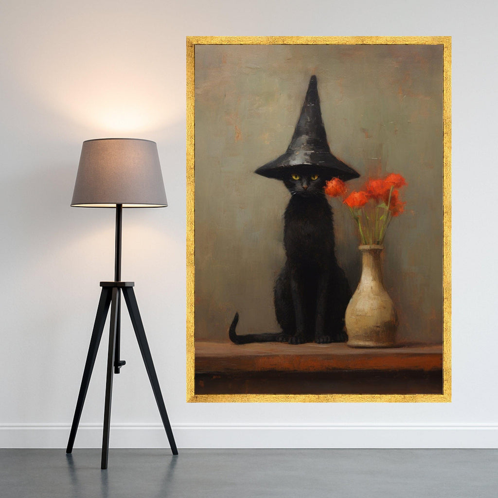 Witch Cat Canvas Print – Black Cat Wall Art with Hat, Gothic Wall Decor, Ready to Hang Halloween Wall Decoration